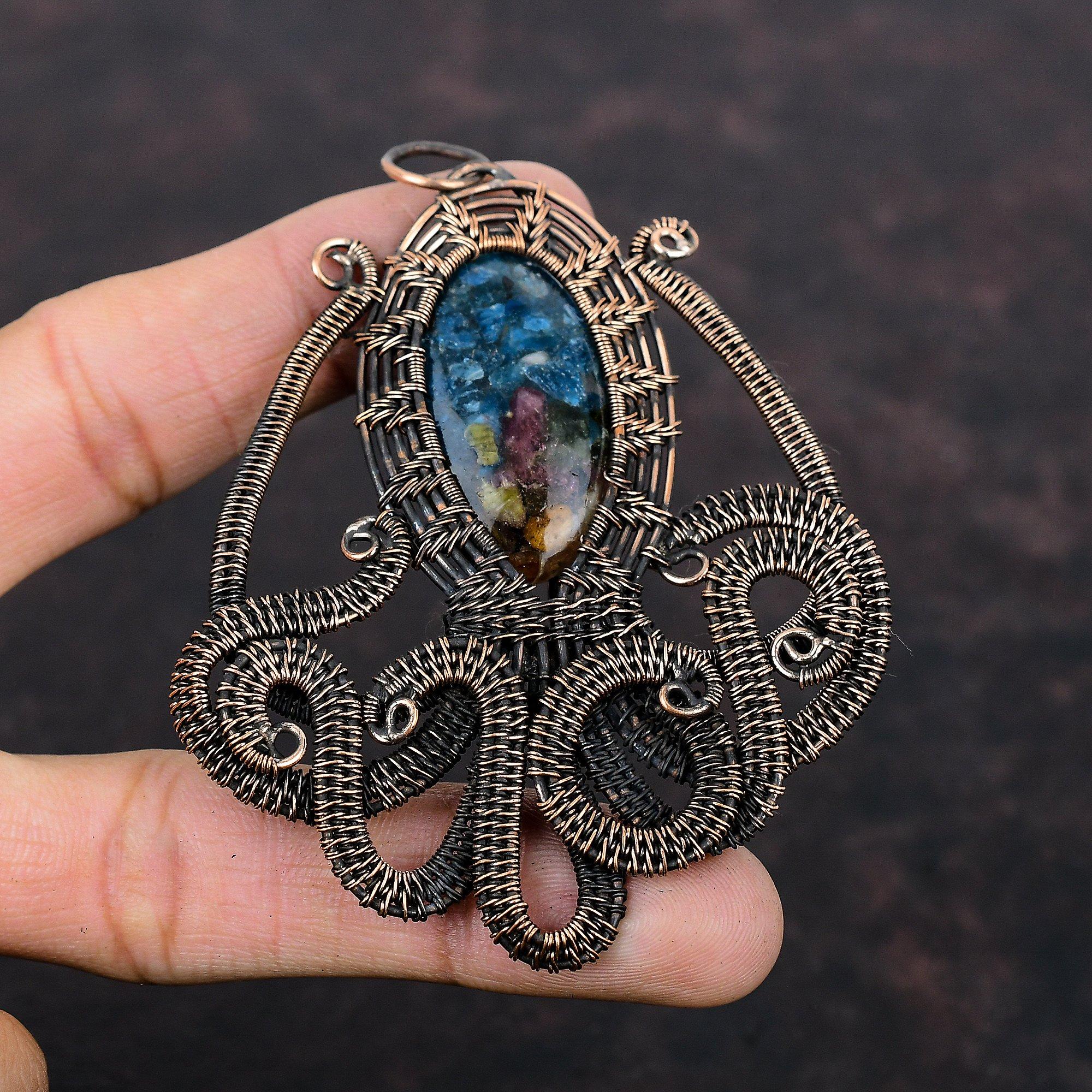 Подвеска с арбузным турмалином, подвеска из медной проволоки, подвеска ручной работы в виде осьминога, ювелирное изделие из медной проволоки, подвеска с настоящим драгоценным камнем, подарок для нее