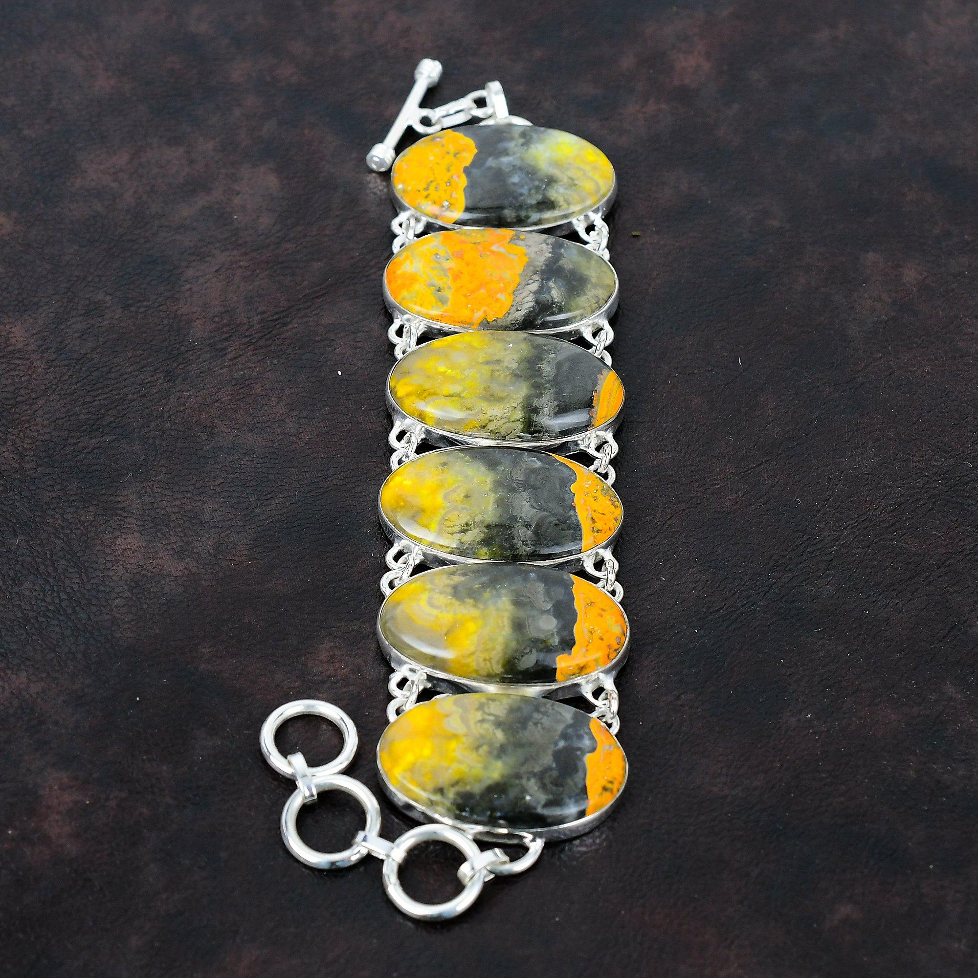 Браслет Bumble Bee Jasper Браслет из стерлингового серебра 925 пробы Ювелирные изделия из натуральных драгоценных камней Регулируемый браслет-цепочка Браслет ручной работы Подарок на помолвку