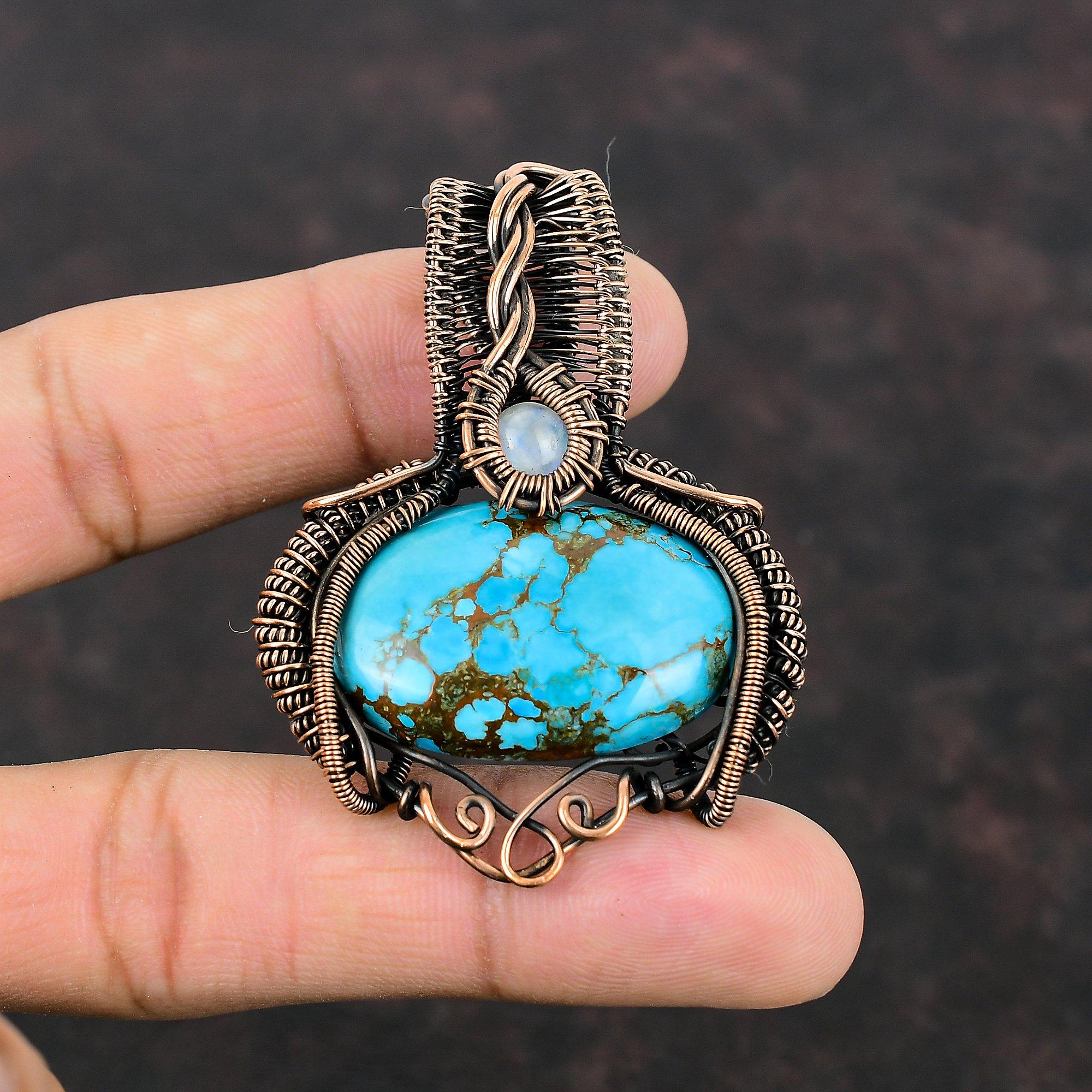 Подвеска из тибетской бирюзы, подвеска из медной проволоки, подвеска из радужного лунного камня, ювелирные изделия ручной работы, подвеска из драгоценного камня, медные ювелирные изделия для подарка