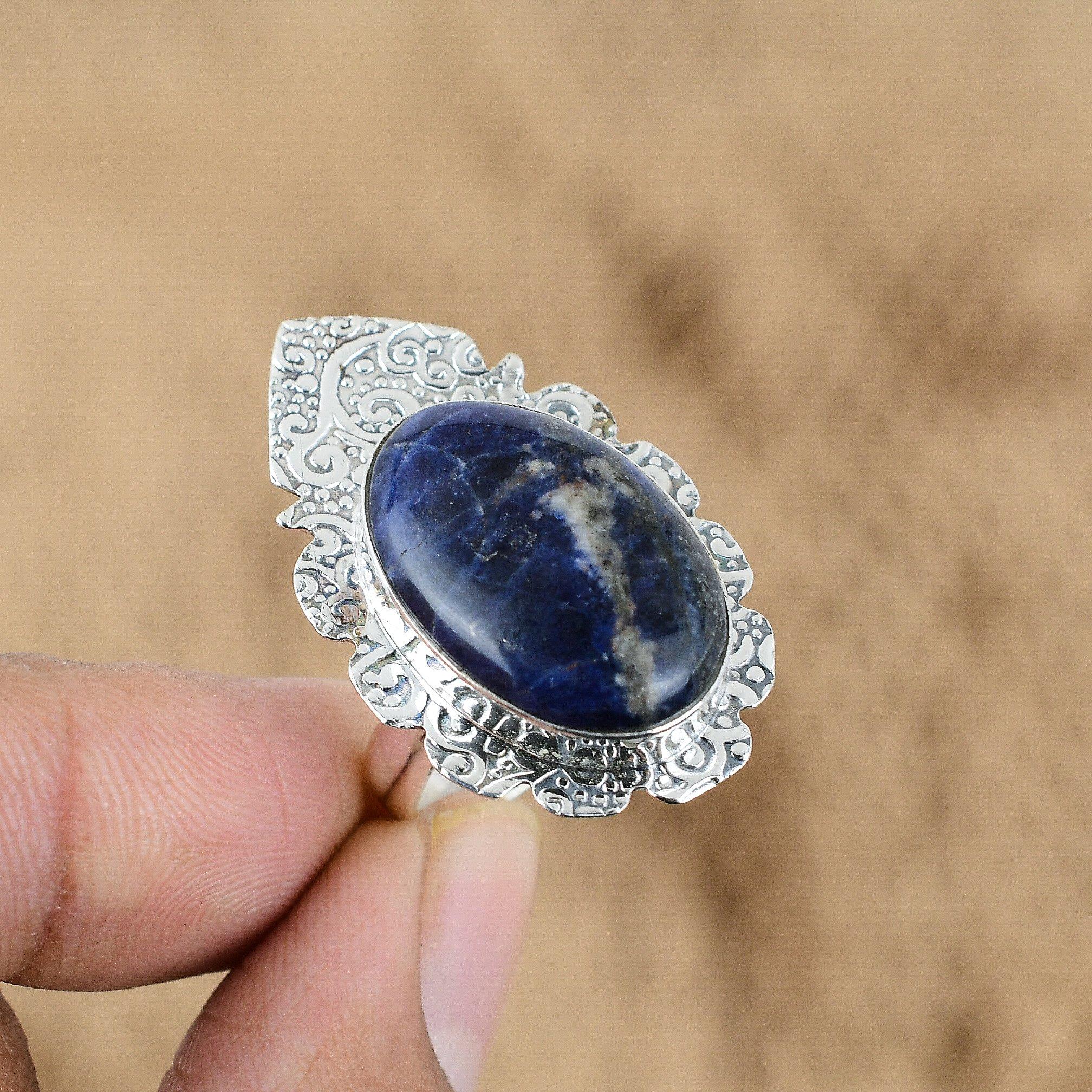 Natural Sodalite Gemstone Promise Adjustable Ring 925 Sterling Silver Jewelry