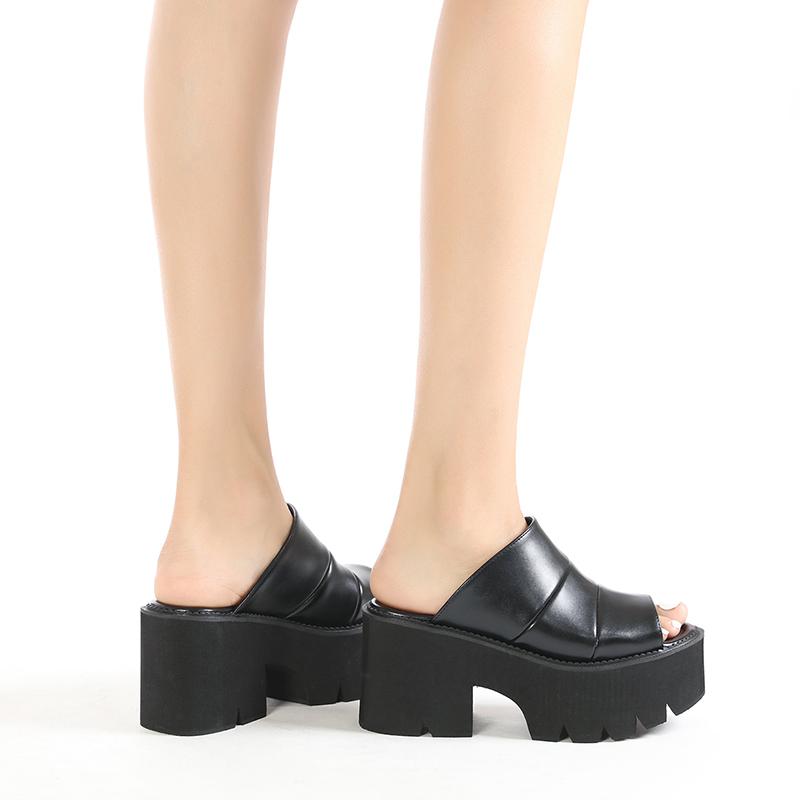 Gdgydh Women's Black Chunky Heel Sandals Stylish Peep Toe Platform Sandals Slip On Comfortable Solid Color Sandals for Women