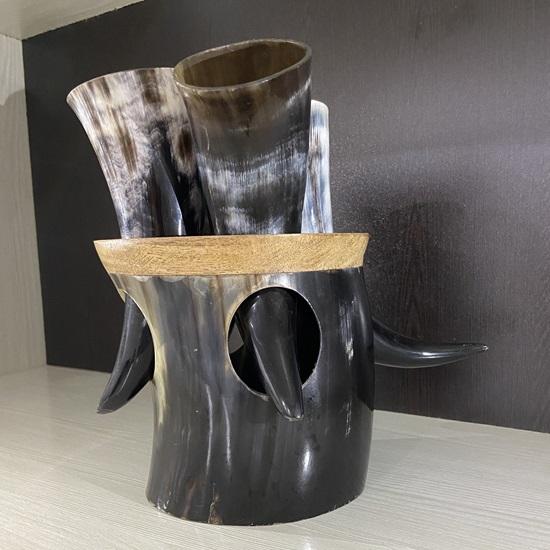 Medieval Authentic Ceremonial Viking Drinking Horn Shot Set of 4 Wooden Stand Ancient Beer Vessel Tankard Mug Cup of Ale Beer Mead Wine