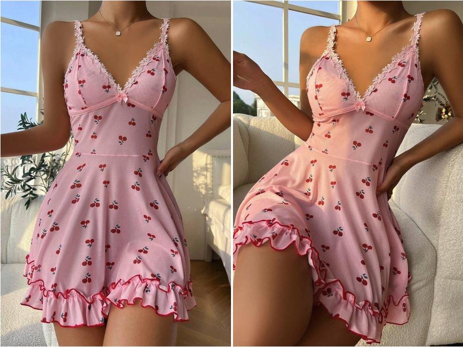 Bella Notte Romantic Pink Cherry Print Strap Thong and Nightgown Cute and Comfortable Women’s Lingerie Set