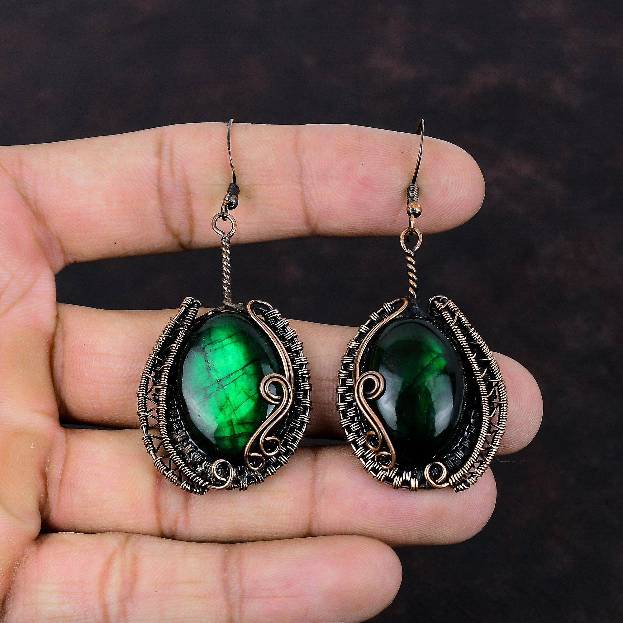 Серьги из зеленого огненного лабрадорита, серьги из медной проволоки, ювелирные изделия ручной работы, серьги из натурального драгоценного камня, медные ювелирные изделия, изящные серьги для подарка