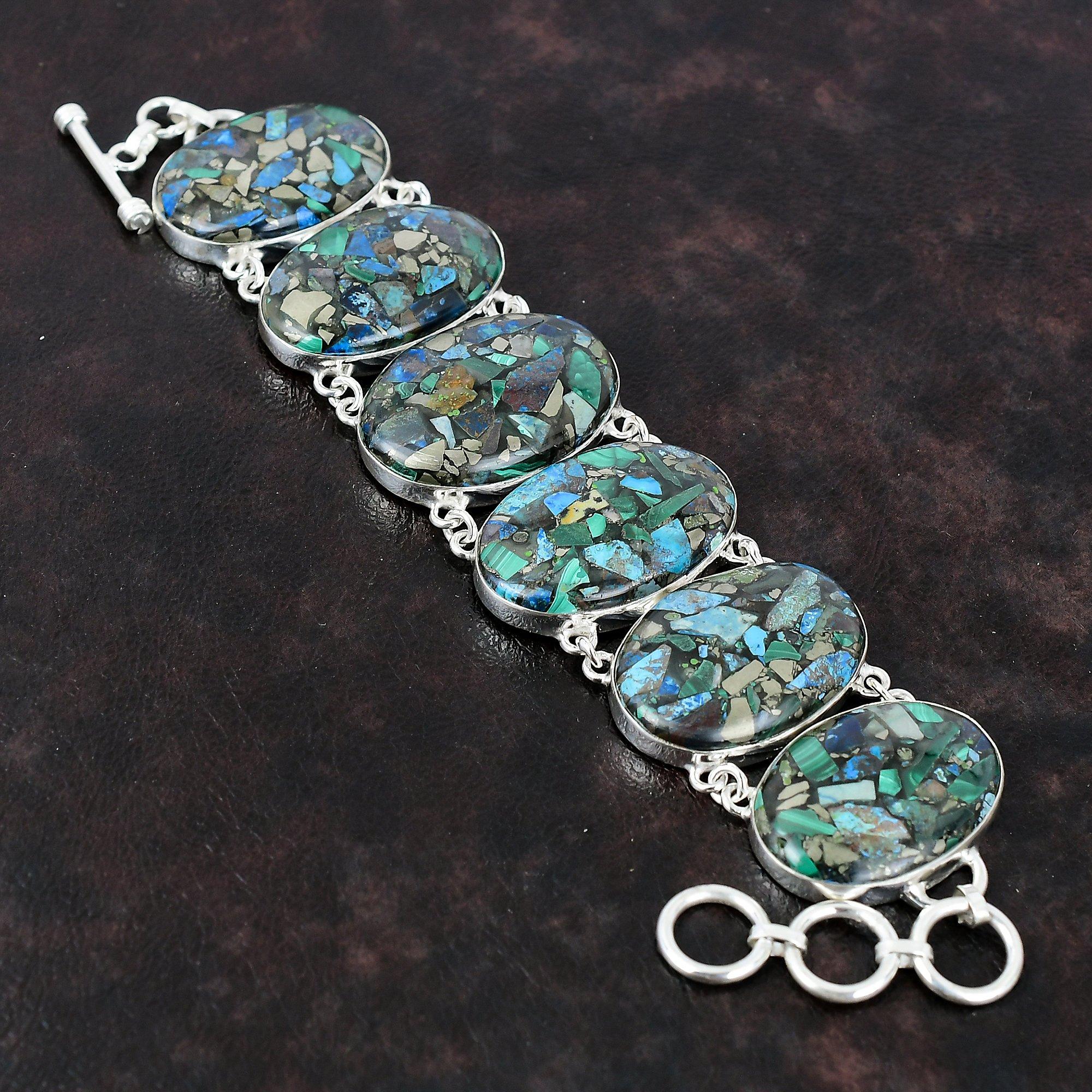 Медный браслет из азурита и малахита, браслет из стерлингового серебра 925 пробы, регулируемый браслет-цепочка ручной работы, подарок для друга, красивые ювелирные изделия из драгоценных камней