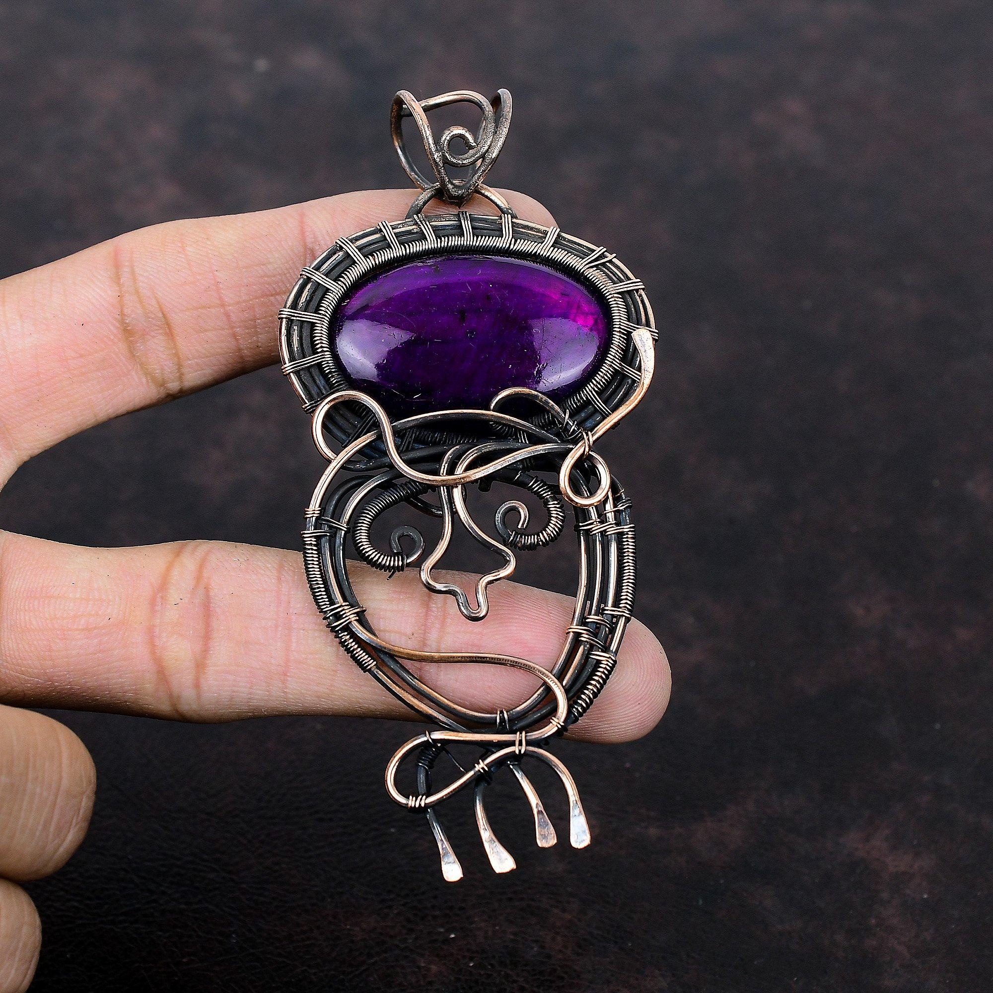 Кулон из фиолетового огненного лабрадорита, кулон, обернутый медной проволокой, кулон ручной работы, медные украшения, подарок для нее, кулон с драгоценным камнем, украшения в технике wire wrap