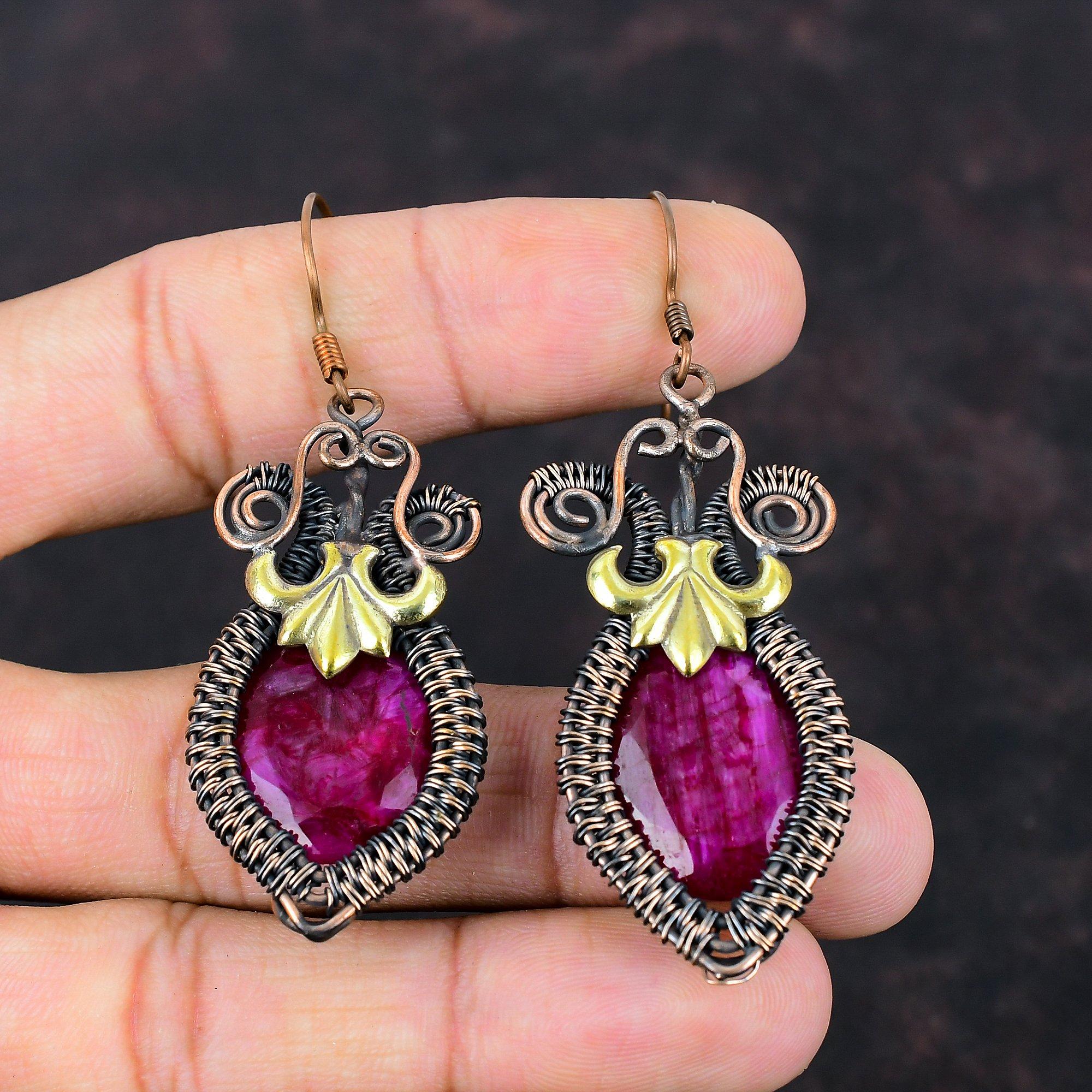 Граненые кашмирские рубиновые серьги, серьги из медной проволоки, кашмирские рубиновые украшения, серьги ручной работы с драгоценными камнями, подарок на помолвку, ювелирные изделия из медной проволоки