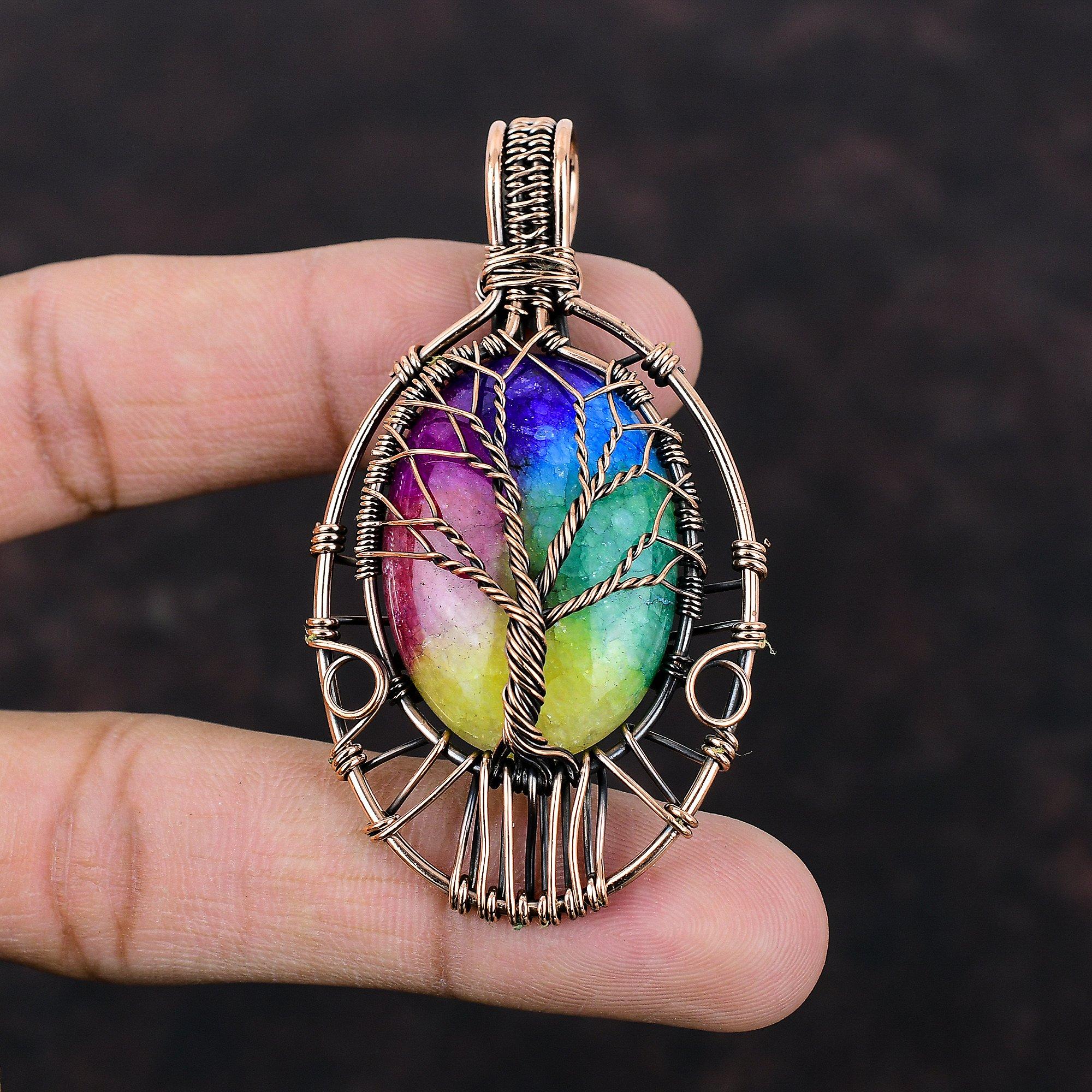 Древо Жизни Радуга Солнечная Кварц Друзы Подвеска Медная Проволока Обернутая Подвеска С Драгоценным Камнем Подвеска Ручной Работы Медная Проволока Обмотка Ювелирных Изделий Подарок Для Мамы