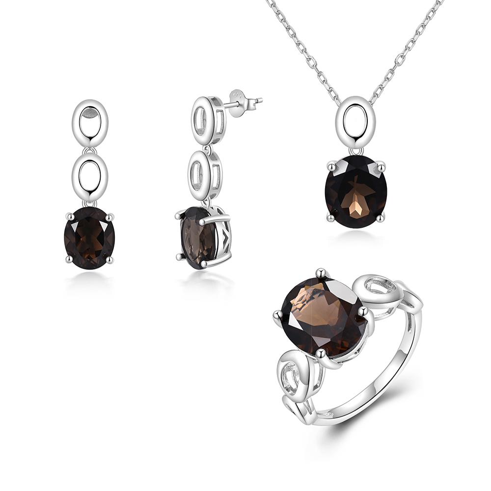 Уникальное модное серебряное кольцо, серьги, ожерелье, комплект для женщин, натуральный огромный дымчатый ноябрьский камень, идеальные украшения для влюбленных