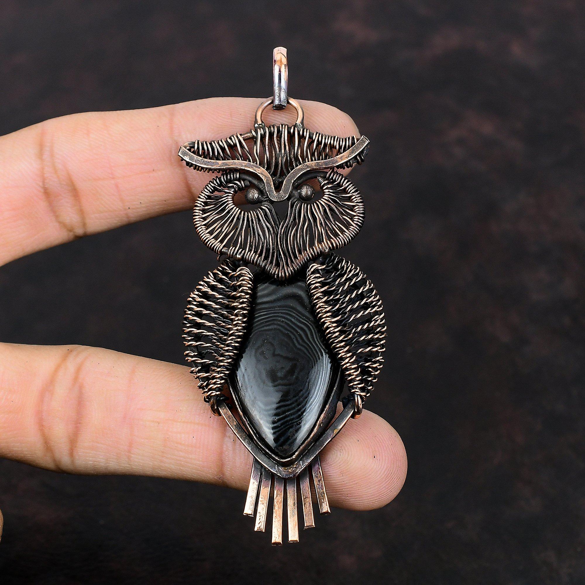 Подвеска Psilomelane, обернутая медной проволокой, подвеска из драгоценных камней Psilomelane, подвеска в виде совы для женщин, ручная работа, медная проволока, подарок для него