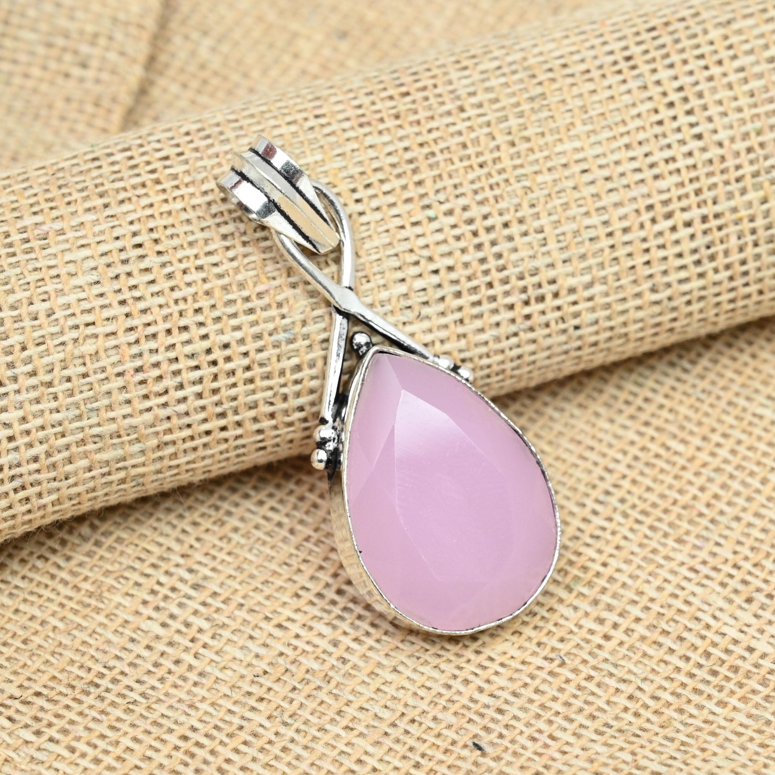 Розовый халцедон Драгоценный камень Твердый стерлинговый серебристый стерлинговый серебристый стерлинговый серебристый 925 Изысканная модная подвеска Ювелирные изделия