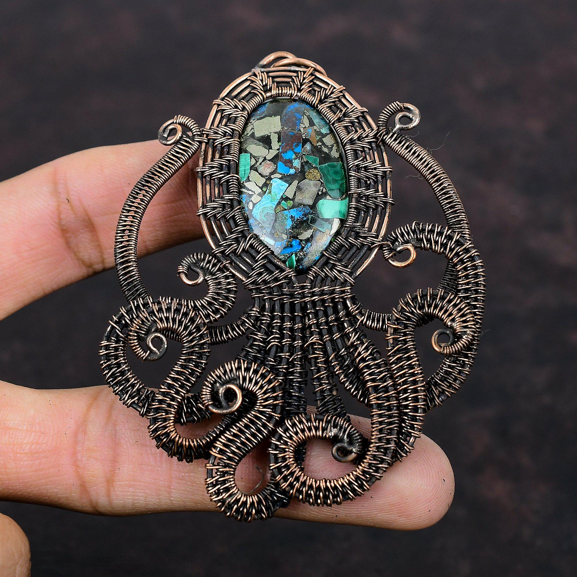 Подвеска из меди, азурита и малахита, подвеска из медной проволоки с драгоценным камнем, дизайнерское ювелирное изделие из меди, подвеска в виде осьминога, ювелирное изделие ручной работы, подарок для мамы
