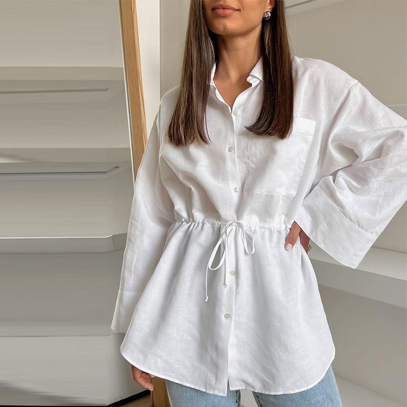 Белая хлопковая рубашка со шнуровкой и поясом, простая модная женская блузка с воротником-поло, однобортный топ с длинными рукавами, стиль Harajuku, весна-лето