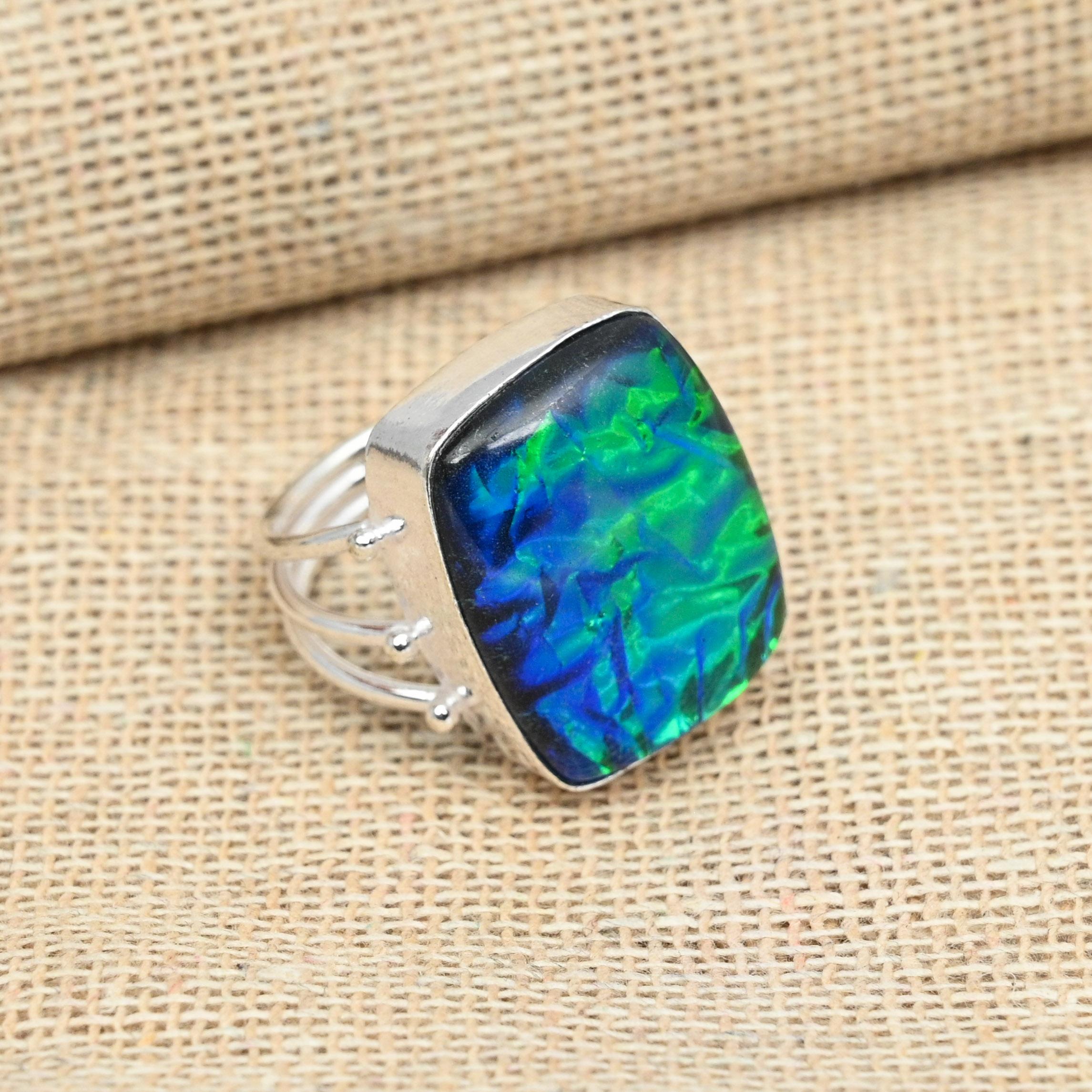 Отличное ювелирное кольцо ручной работы из стерлингового серебра 925 пробы с синим тройным опалом и драгоценным камнем