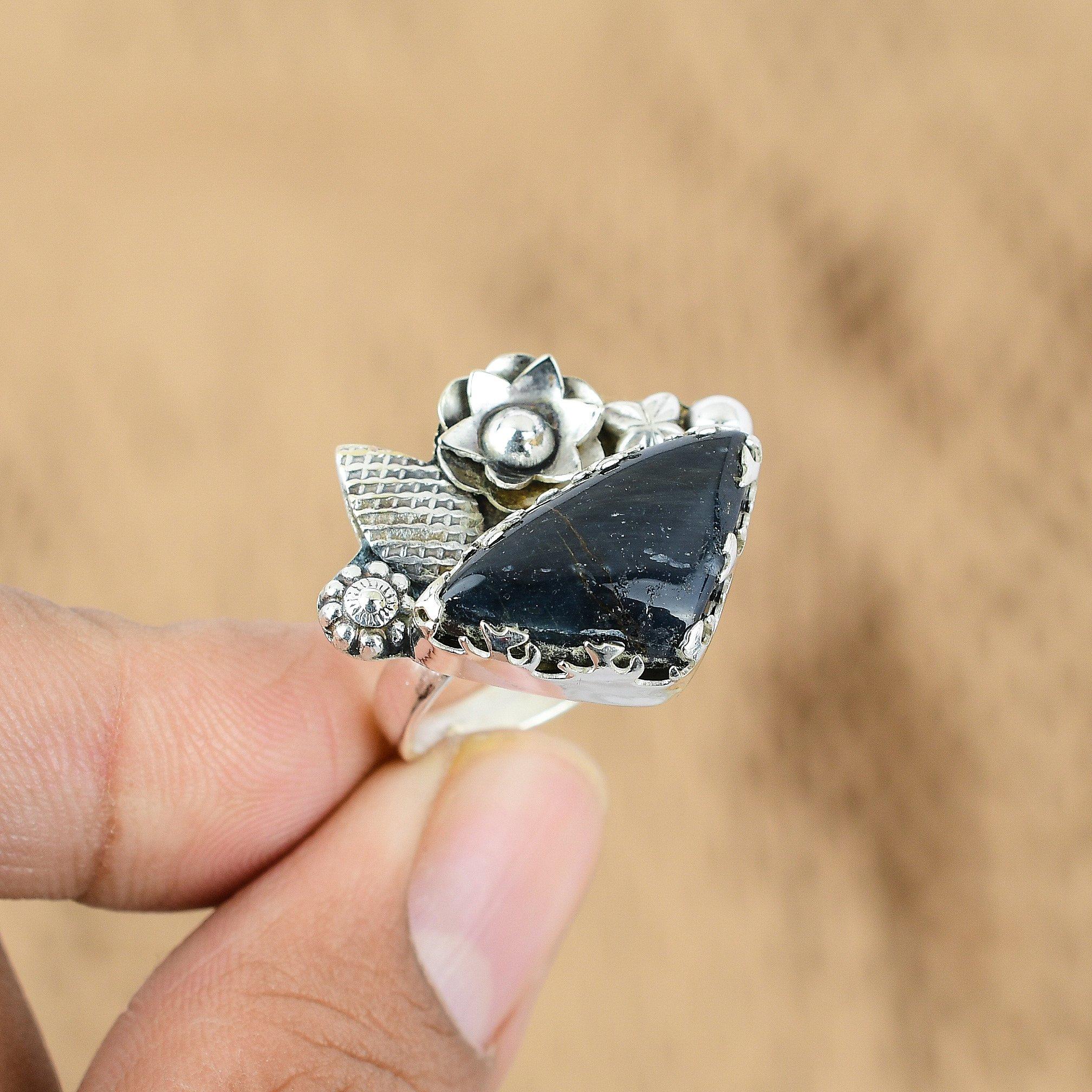 Natural Tiger Eye Gemstone Promise Flower Blue Adjustable Ring 925 Silver