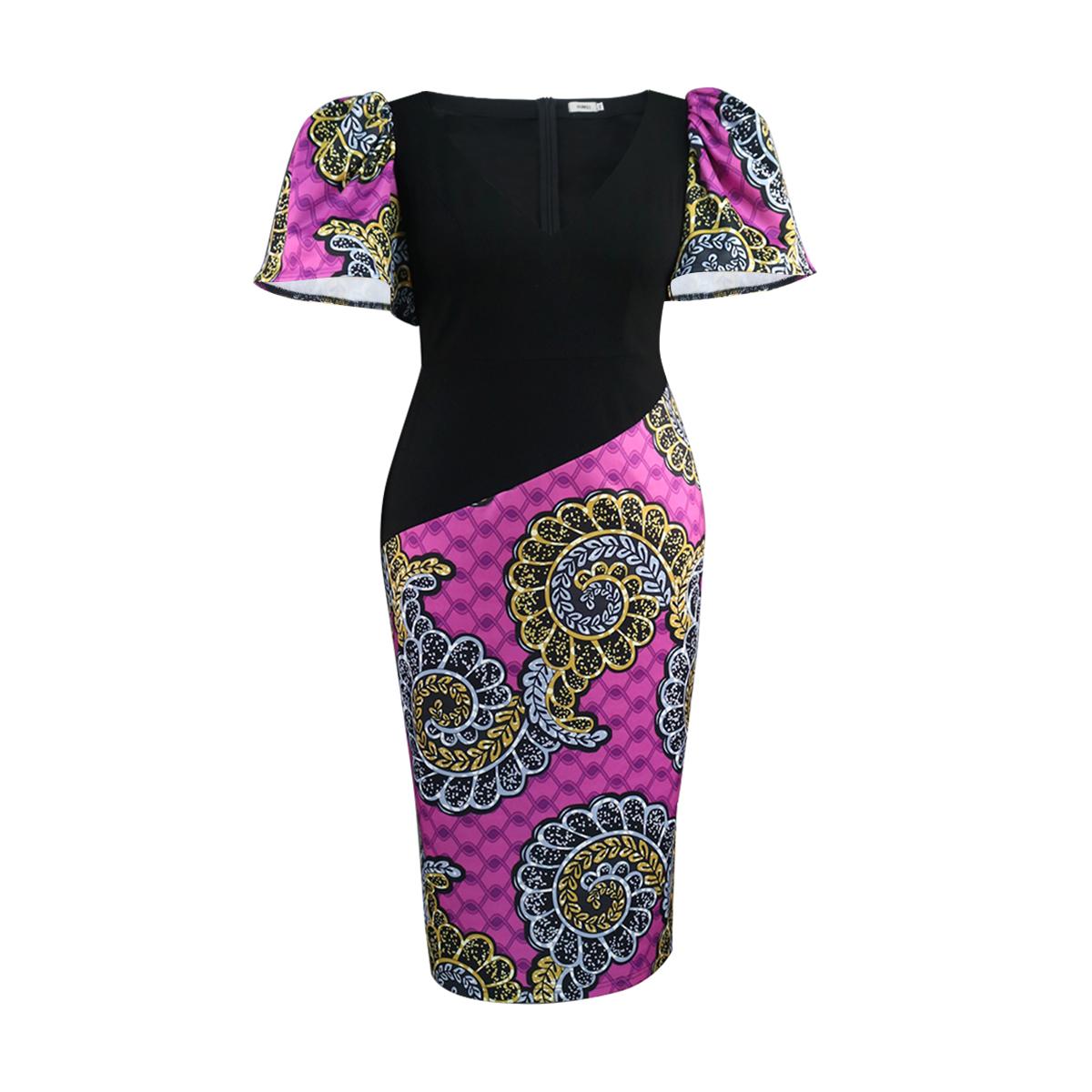 AOMEI Черные лоскутные платья с цветочным принтом для женщин, V-образным вырезом и коротким рукавом, элегантные вечерние коктейльные платья, наряды