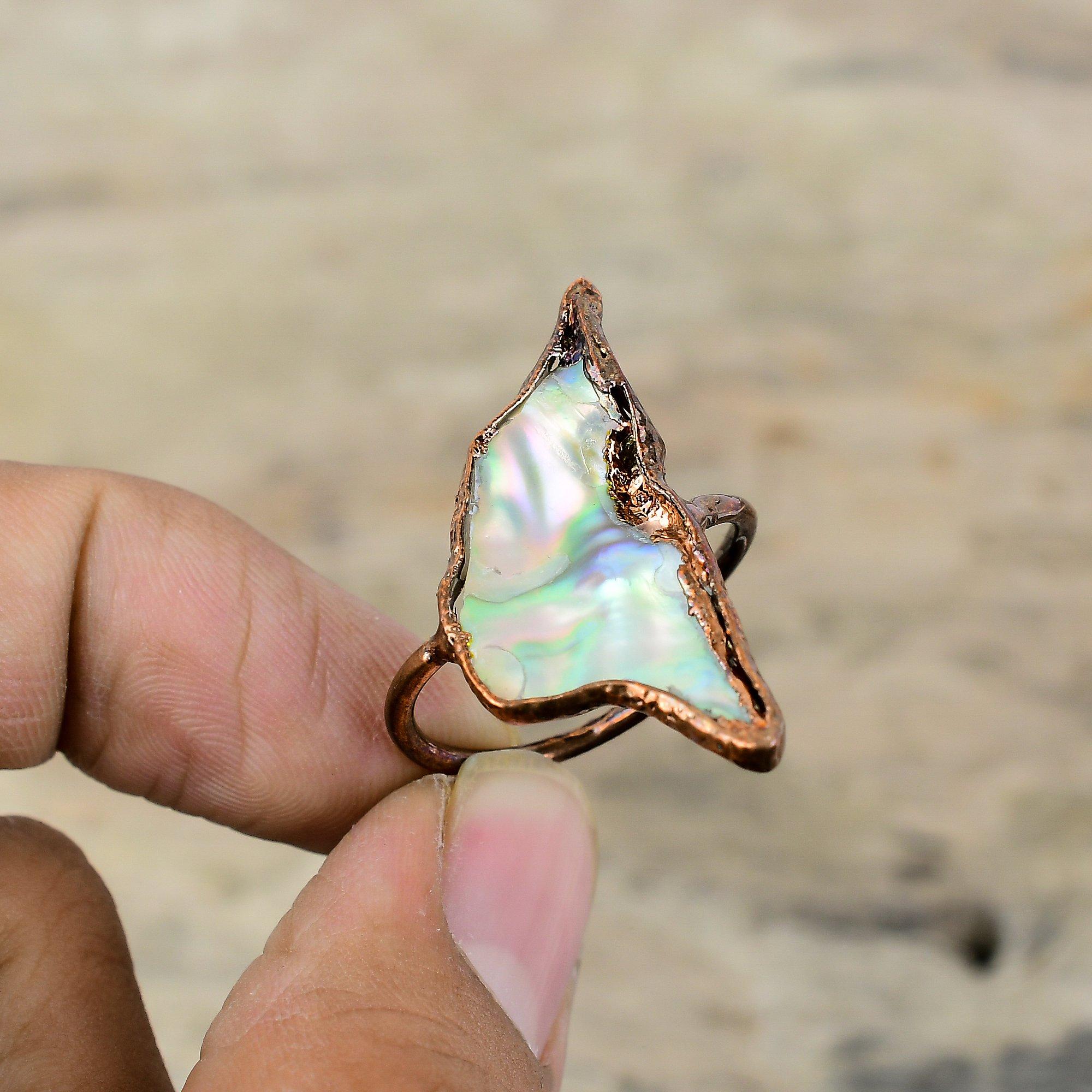 Abalone Shell Rough Ring Electroformed Copper Ring Adjustable Gemstone Ring Electroformed Jewelry Handmade Ring Gift For Him Statement Ring