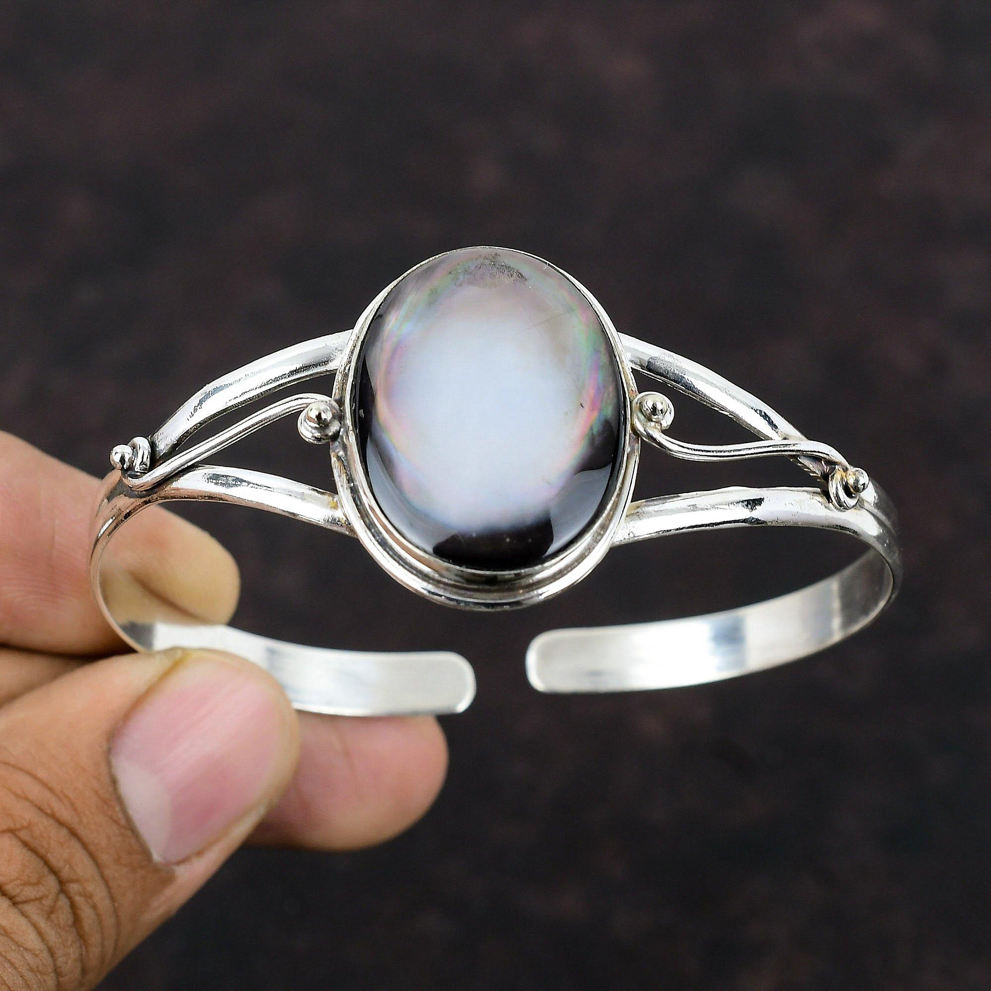 Перламутровый браслет из стерлингового серебра 925 пробы, браслет-манжета, настоящий драгоценный камень, регулируемый браслет, браслет-манжета ручной работы, подарок для мамы, уникальные ювелирные изделия