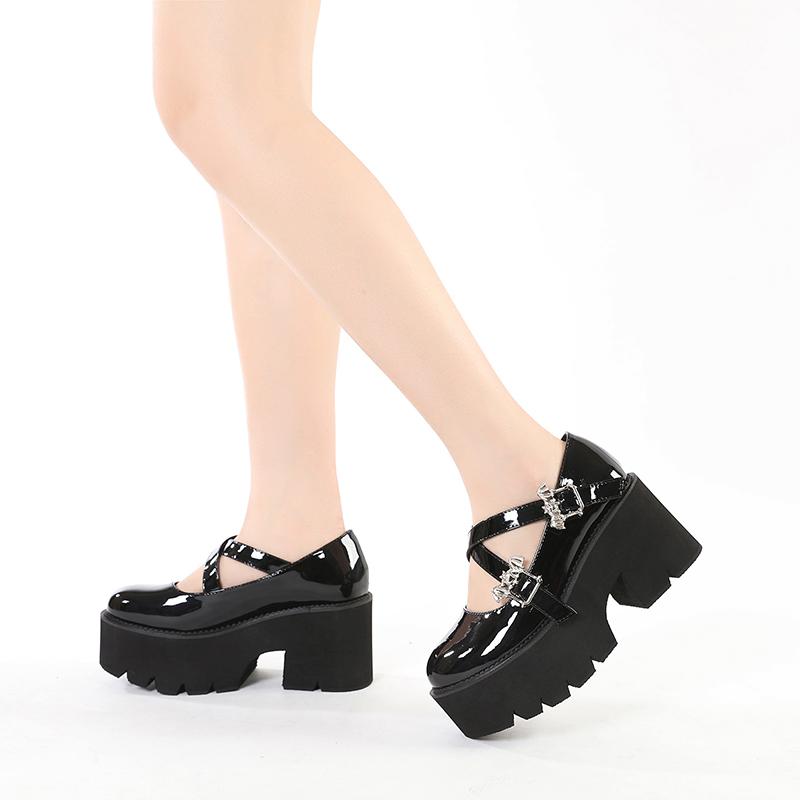 Metal Bat Platform Pumps Shoes Women Punk Thick Bottom Chunky Heel Mary Janes British Style Uniform School Shoes Girls