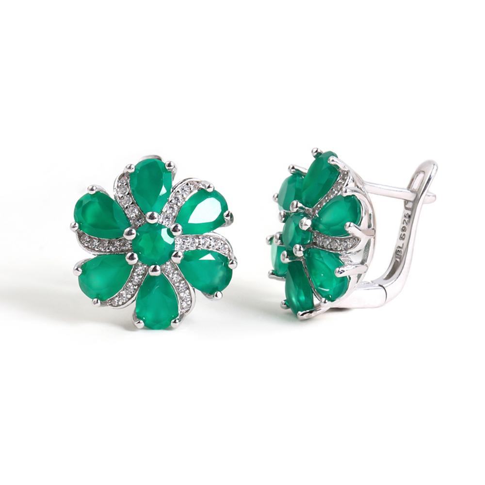 Gorgeous and Elegant Natural Green Agate Gemstones Flower Design Earrings 925 Sterling Silver Jewelry for Women Valentines Gift