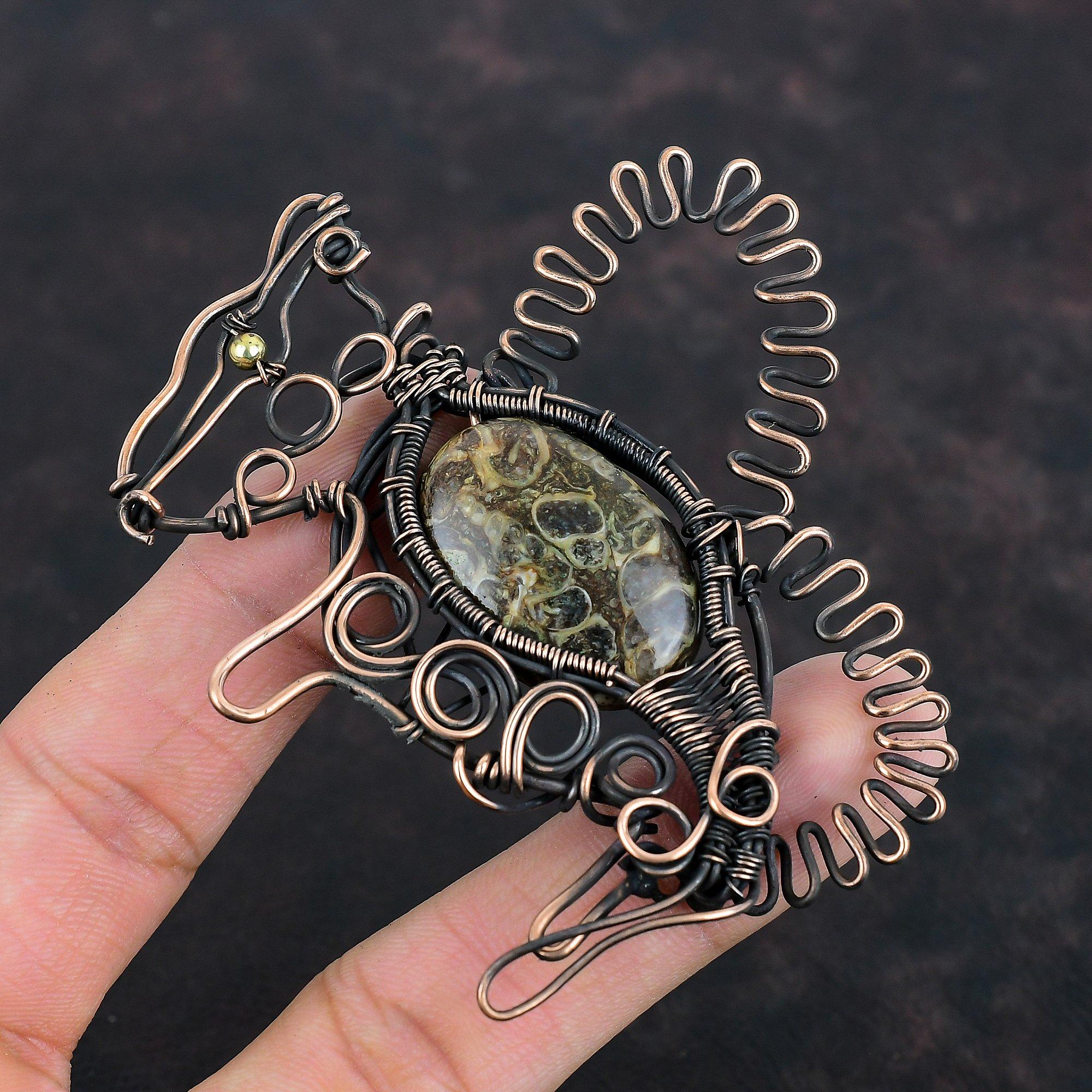 Turritella Agate Pendant Copper Wire Wrapped Pendant Handmade Copper Jewelry Gemstone Rabbit Pendant Dainty Wire Wrap Jewelry Wedding Gifts