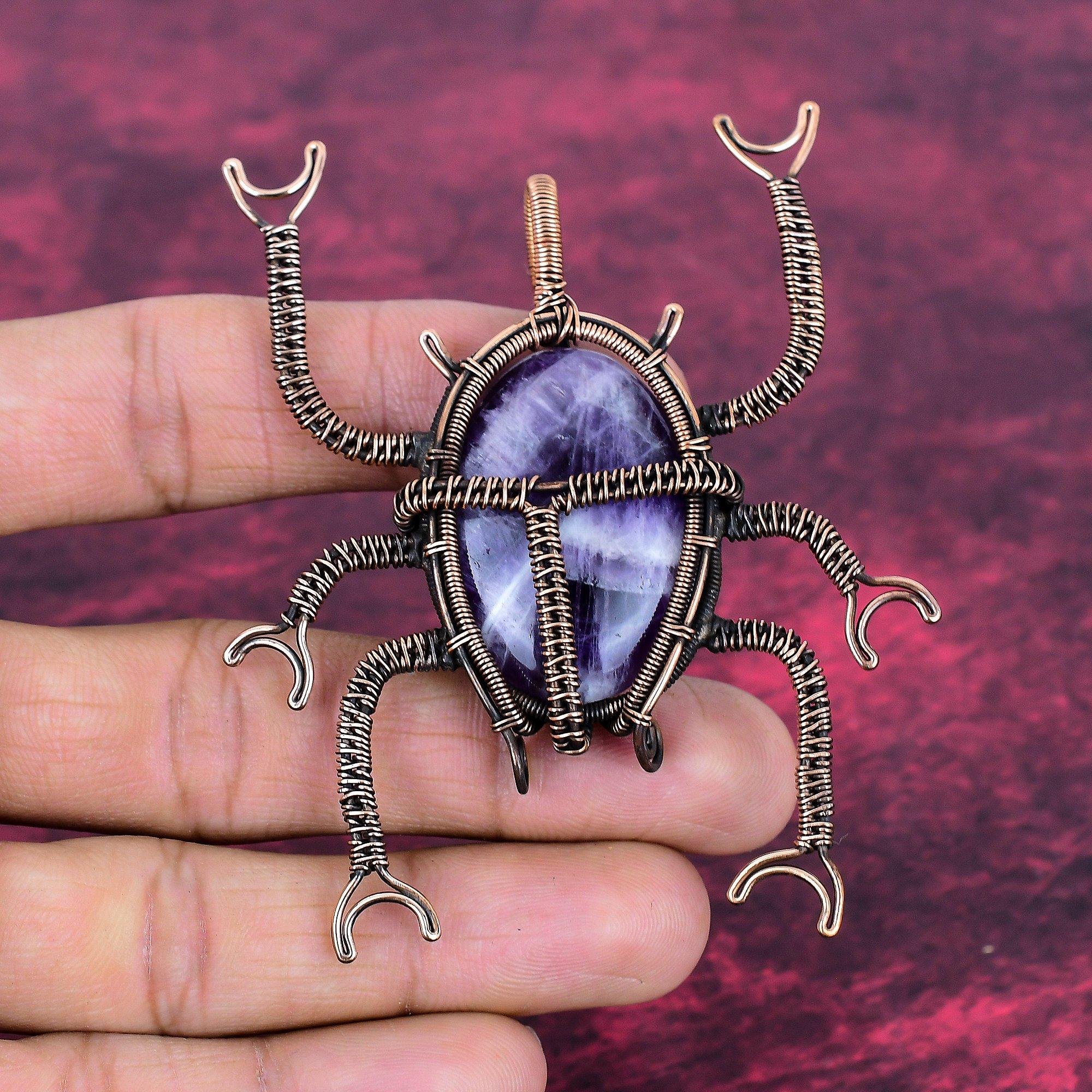 Chevron Amethyst Pendant Beetle Pendant Copper Wire Wrapped Gemstone Jewelry
