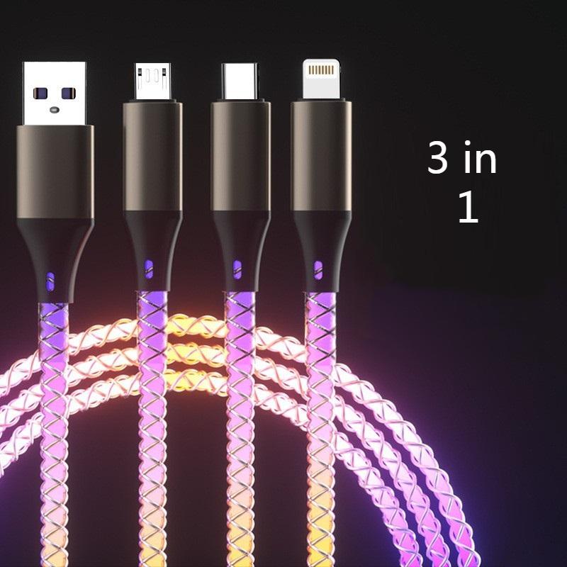 RGB-подсвечиваемый кабель для передачи данных, быстрая зарядка 100 Вт с эффектом «дышащего» света, USB-кабель для зарядки мобильного телефона