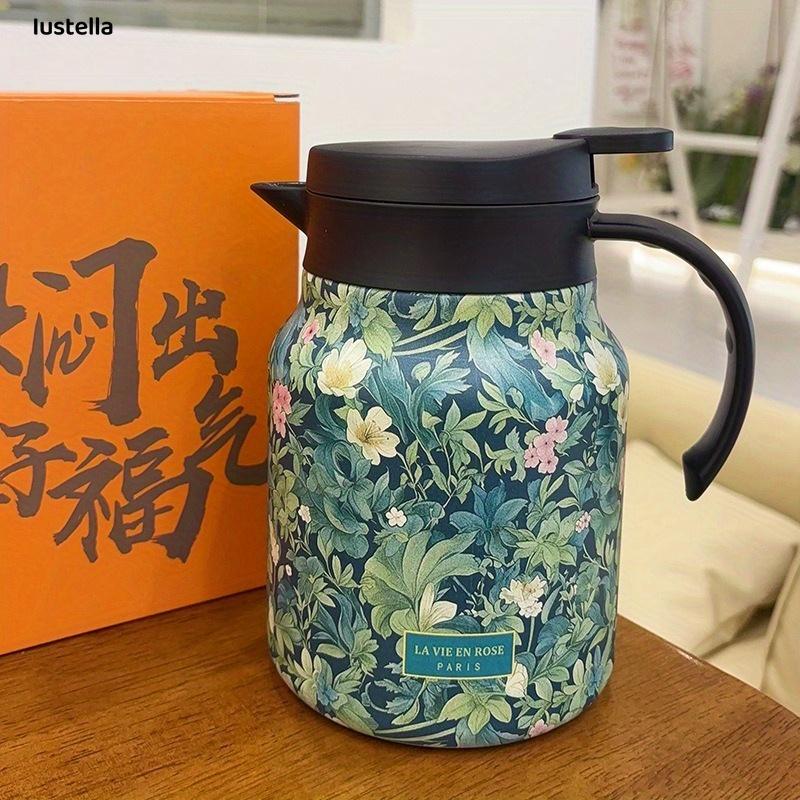 Stainless Steel Double-Walled Insulated Tea Carafe,1L Elegant Floral Design, with Tea Infuser, for Loose Leaf Tea Brewing, Home and Office Use