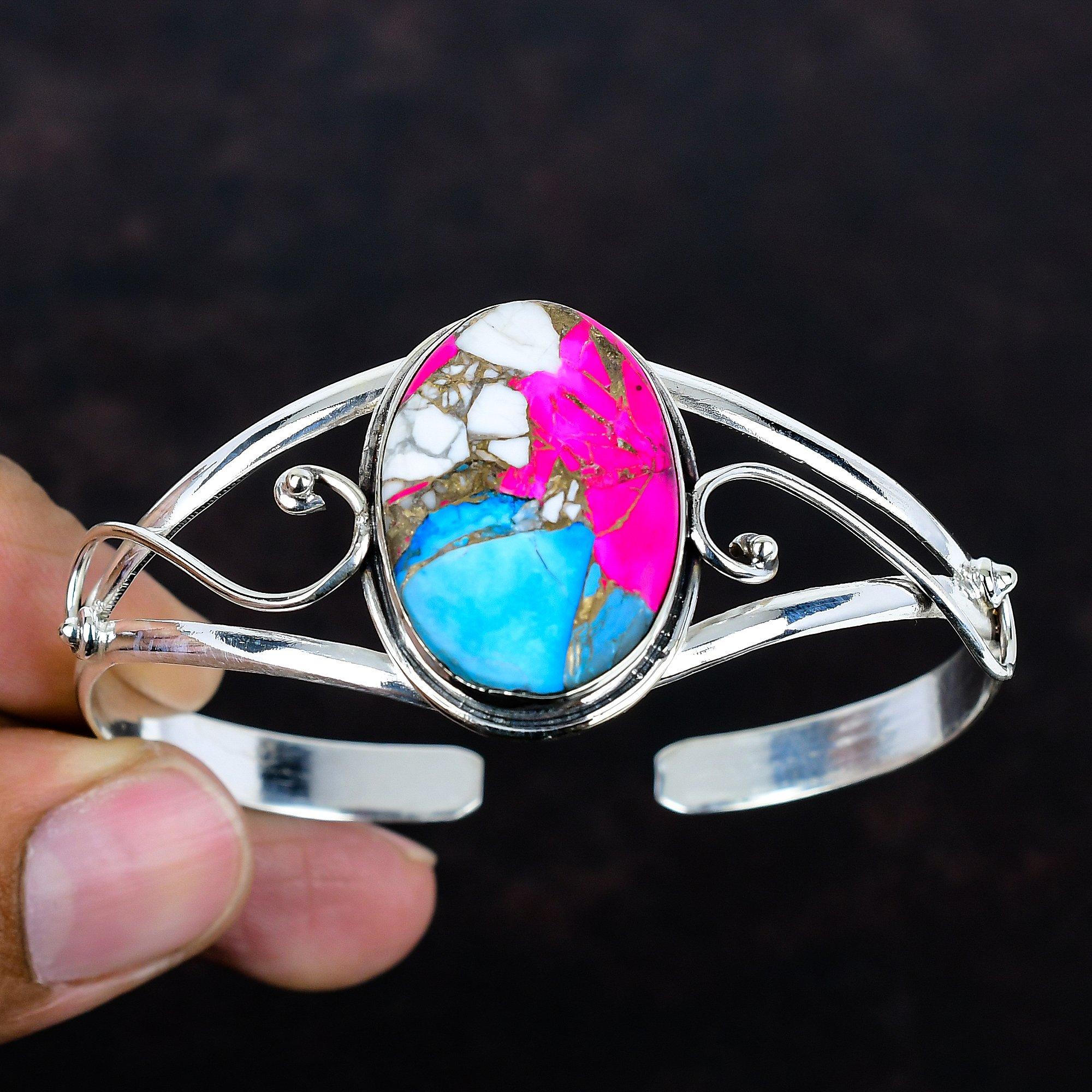 Cotton Candy Turquoise Bangle Handmade Natural Gemstone Cuff Bracelet 925 Sterling Silver Adjustable Bangle Turquoise Jewelry Gifts for Her