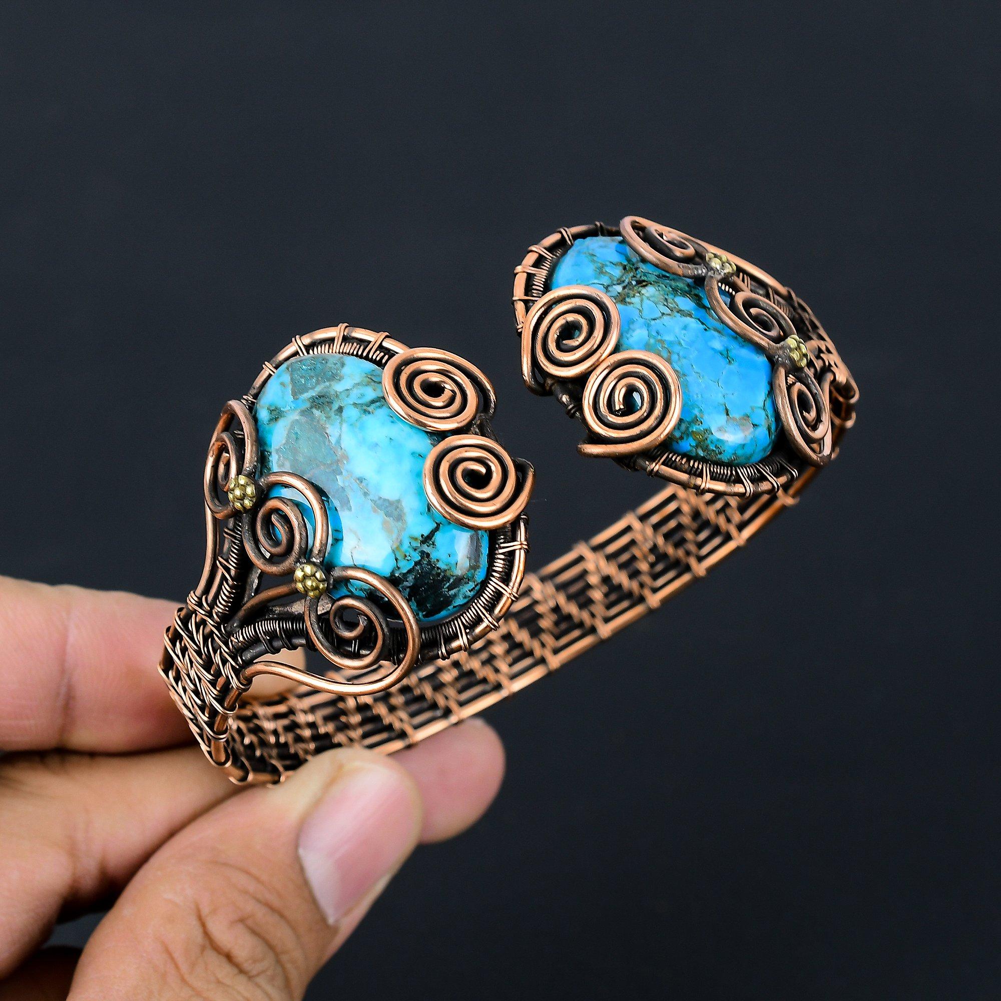 Синий тибетский бирюзовый драгоценный камень чистая медная проволока, обернутая вручную манжета/браслет, регулируемые ювелирные изделия