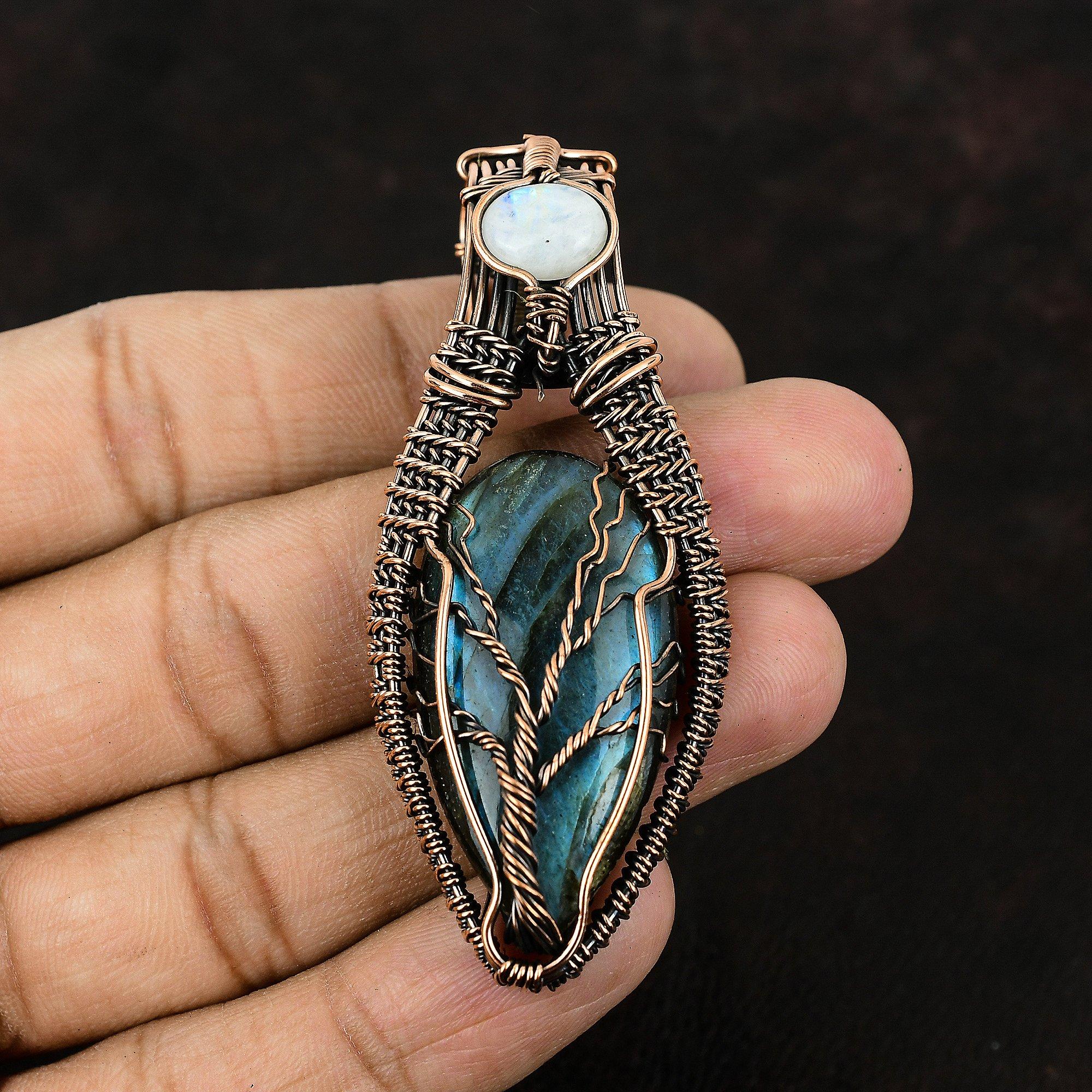 Древо Жизни Лабрадорит Медный Кулон Кулон из Драгоценного Камня, Обвитый Медной Проволокой Радужный Лунный Камень Медные Украшения Лучший Подарок для Нее Подарок для Мамы