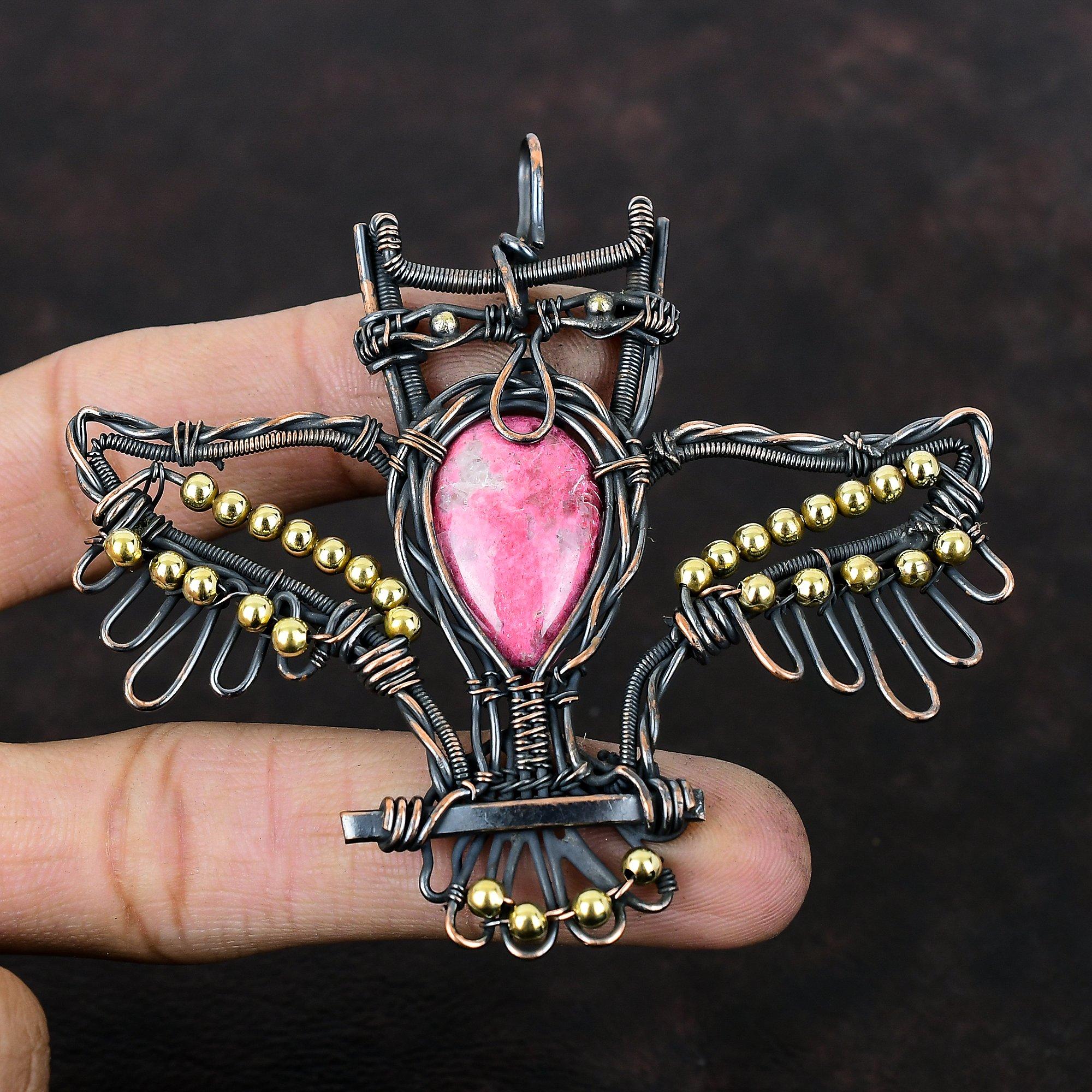 Thulite Pendant Copper Wire Wrapped Pendant Handmade Copper Jewelry Owl Design Pendant Natural Thulite Jewelry Gemstone Pendant Gift For Mom