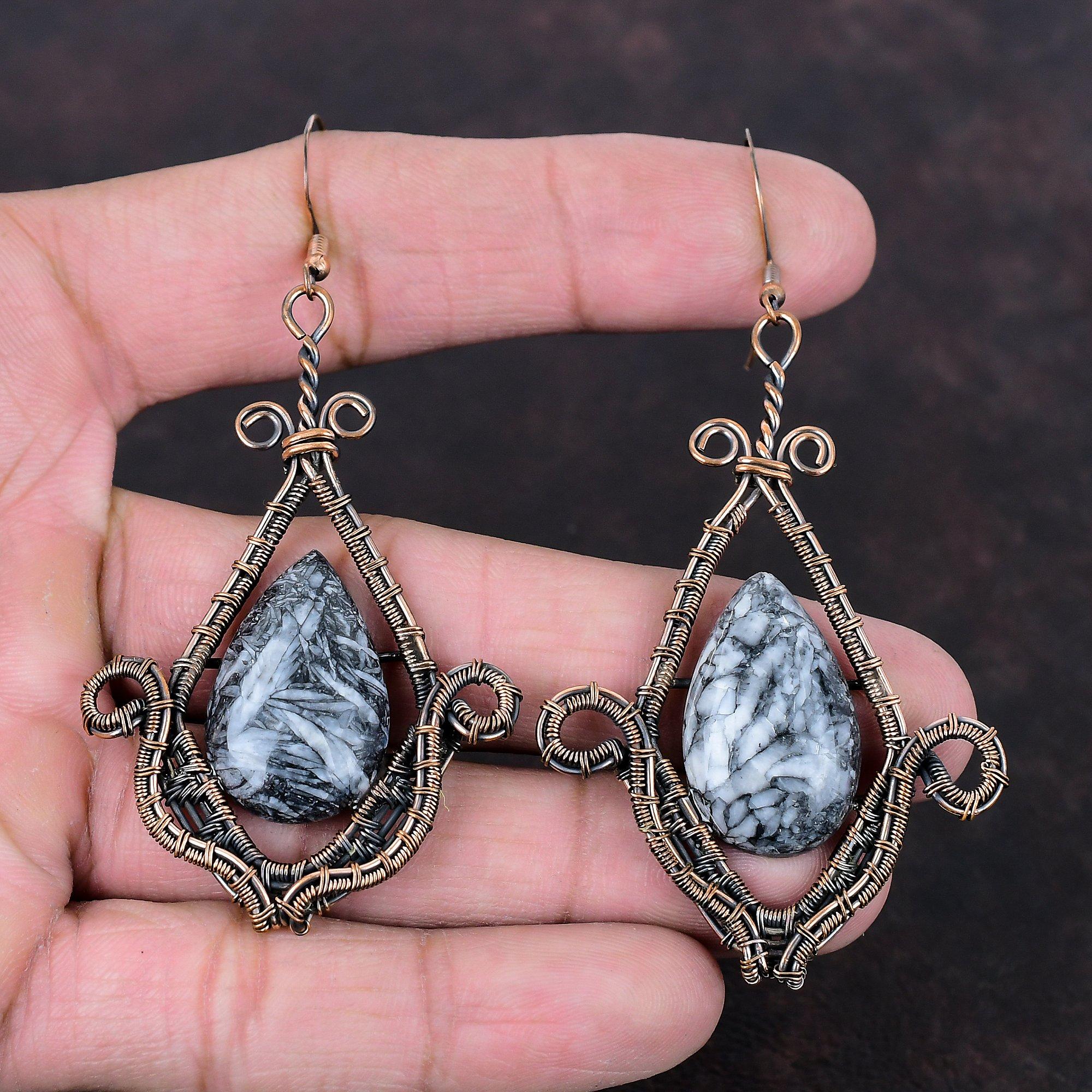 Серьга из пинолитового яшмового камня, серьги, обернутые медной проволокой, ювелирные изделия из драгоценных камней, ручной работы, элегантная серьга, пинолитовая яшма, медные украшения, свадебный подарок