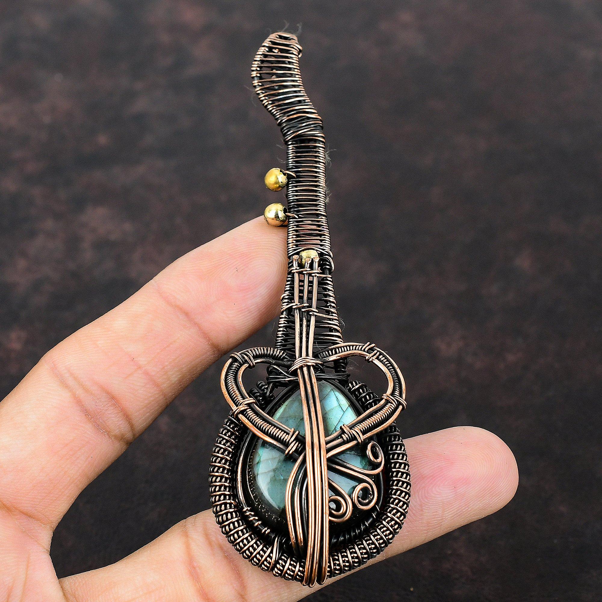 Лабрадорит, медная проволока, кулон, ювелирные изделия из лабрадорита для женщин, элегантный кулон из драгоценного камня, ювелирные изделия ручной работы, кулон в виде гитары, подарок для девушки