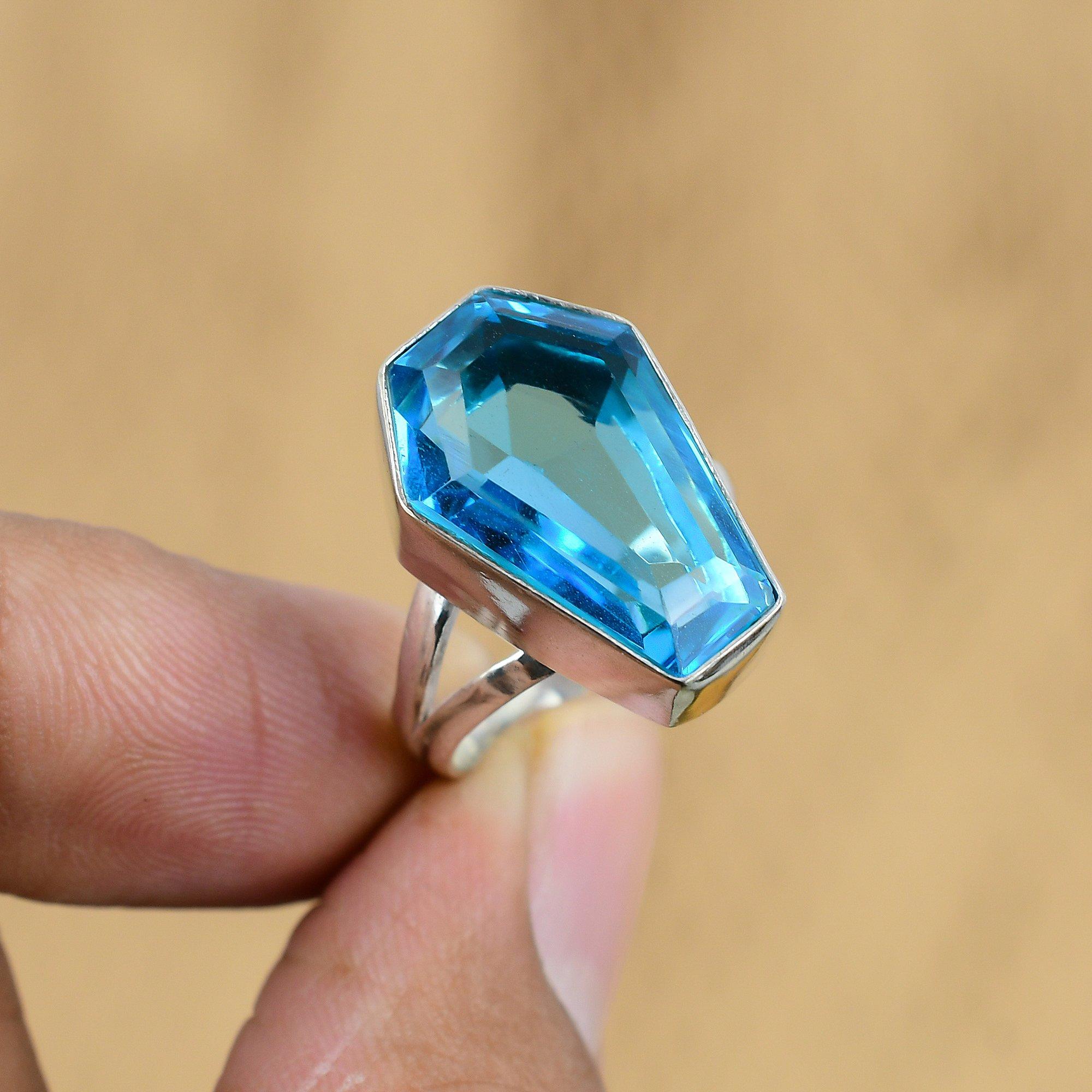 Swiss Blue Topaz Gemstone 925 Silver New Coffin Handcrafted Ring Jewelry Size 8