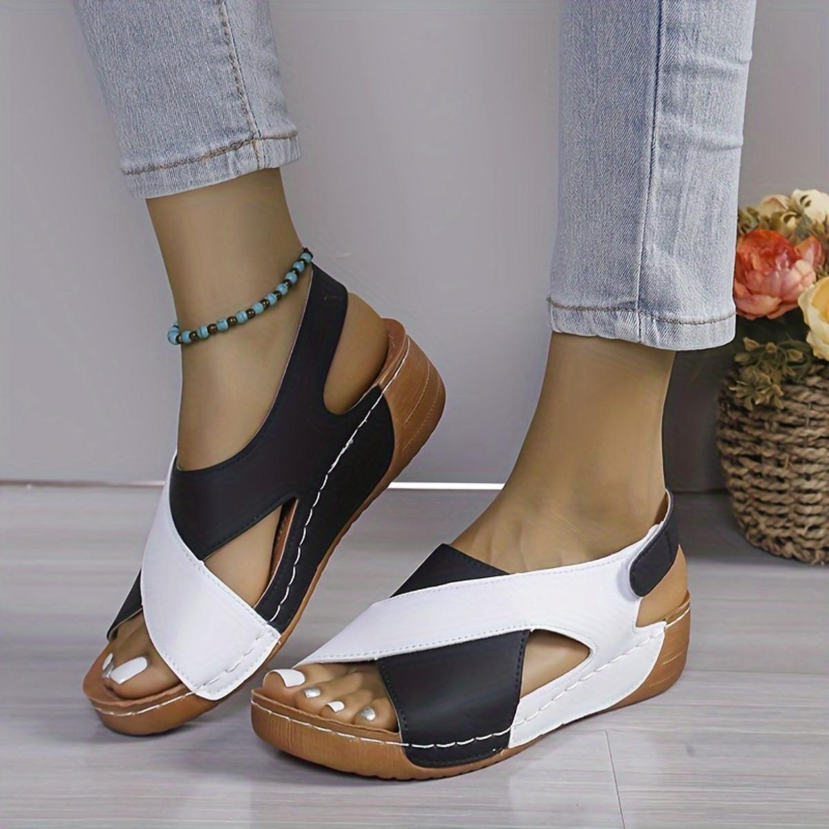 Women's Fashion Clash Colour Slope Heel Sandals,Open Toe Summer Shoes,Cross Strap Design,Mid Heel Platform,Non-Slip Sole,Comfortable Walking Shoes,