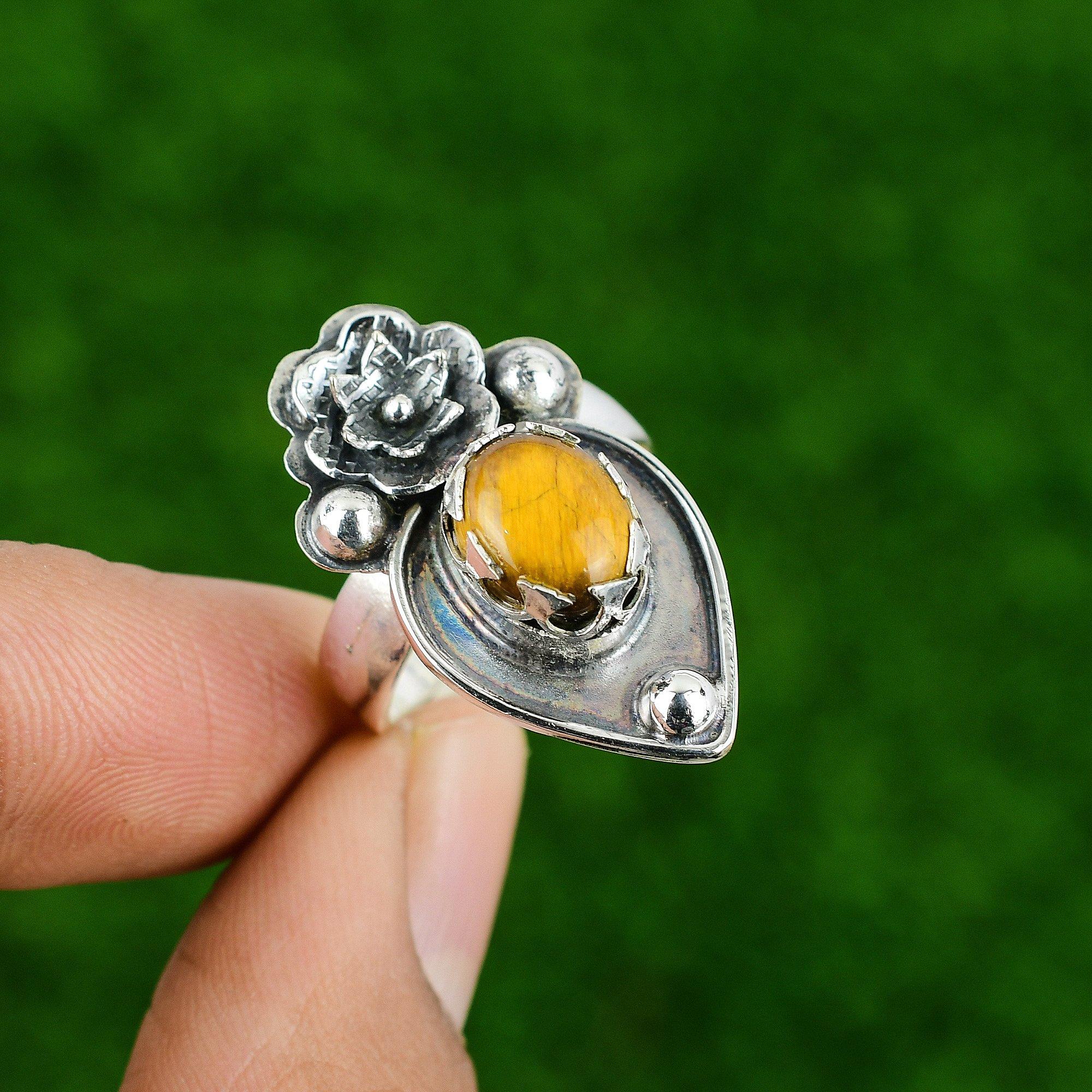 Natural Tiger'S Eye 925 Silver Stackable Flower Adjustable Ring For Women