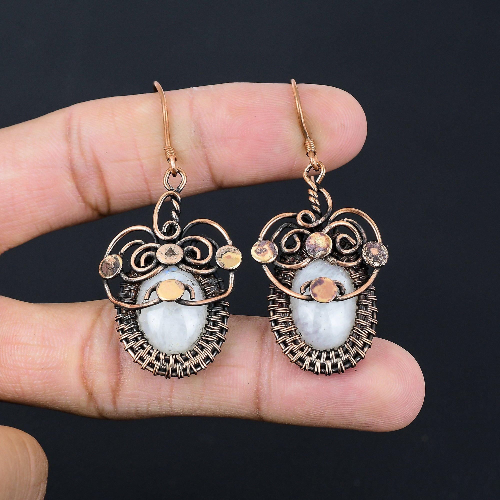 Лунный камень Драгоценный камень ручной работы из чистой медной проволоки, обернутый замечательными ювелирными серьгами