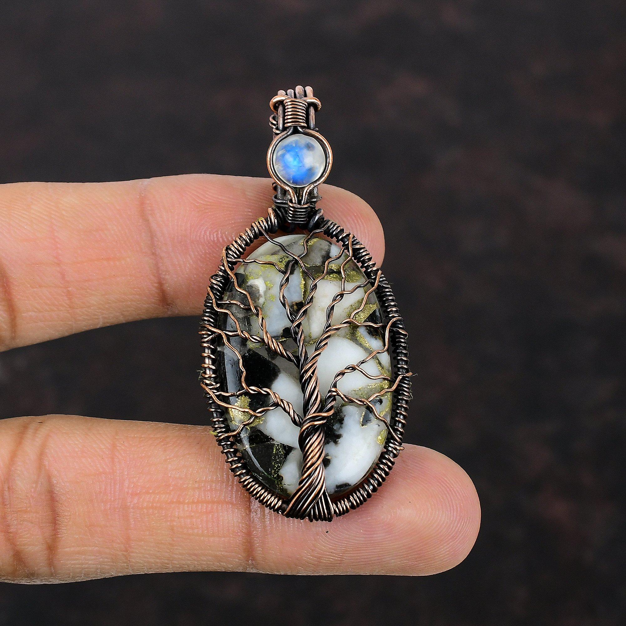 Подвеска из меди «Дерево жизни» с черно-белой бирюзой, подвеска из медной проволоки с драгоценным камнем, подвеска из радужного лунного камня, ювелирные изделия ручной работы из меди