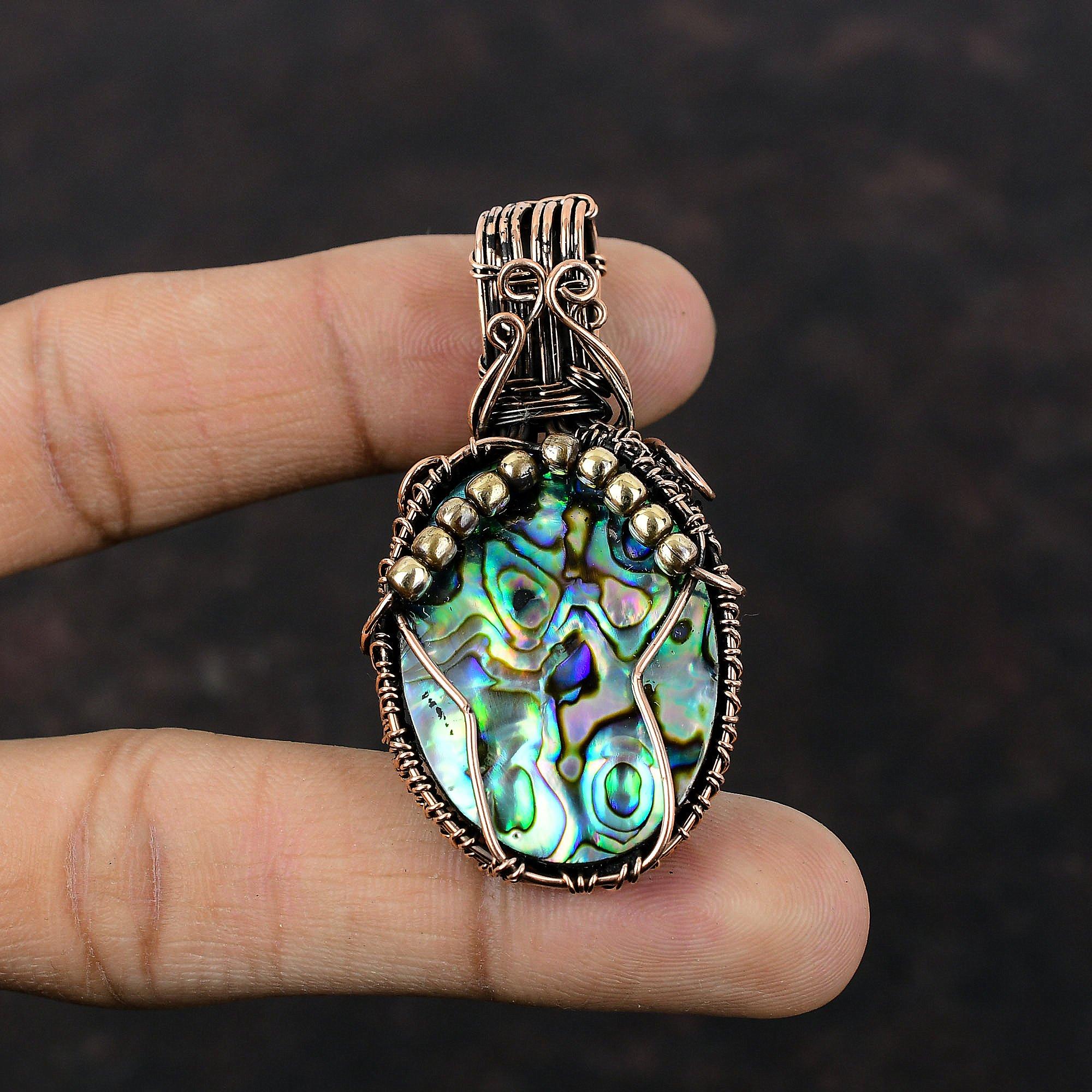 Подвеска из ракушки абалон, медная проволочная обертка, натуральный драгоценный камень, подвеска ручной работы, антикварная медная бижутерия, проволочная бижутерия, подарок для нее