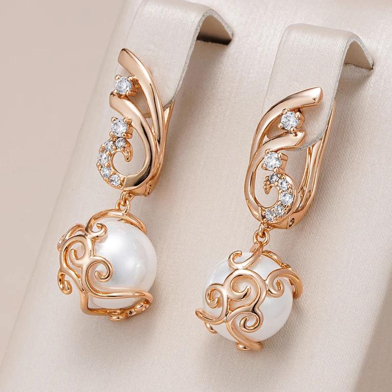 1 Pair Rose Gold Color Zircon Imitation Pearl Long Earrings for Women Wedding Daily Wear Fine Jewelry