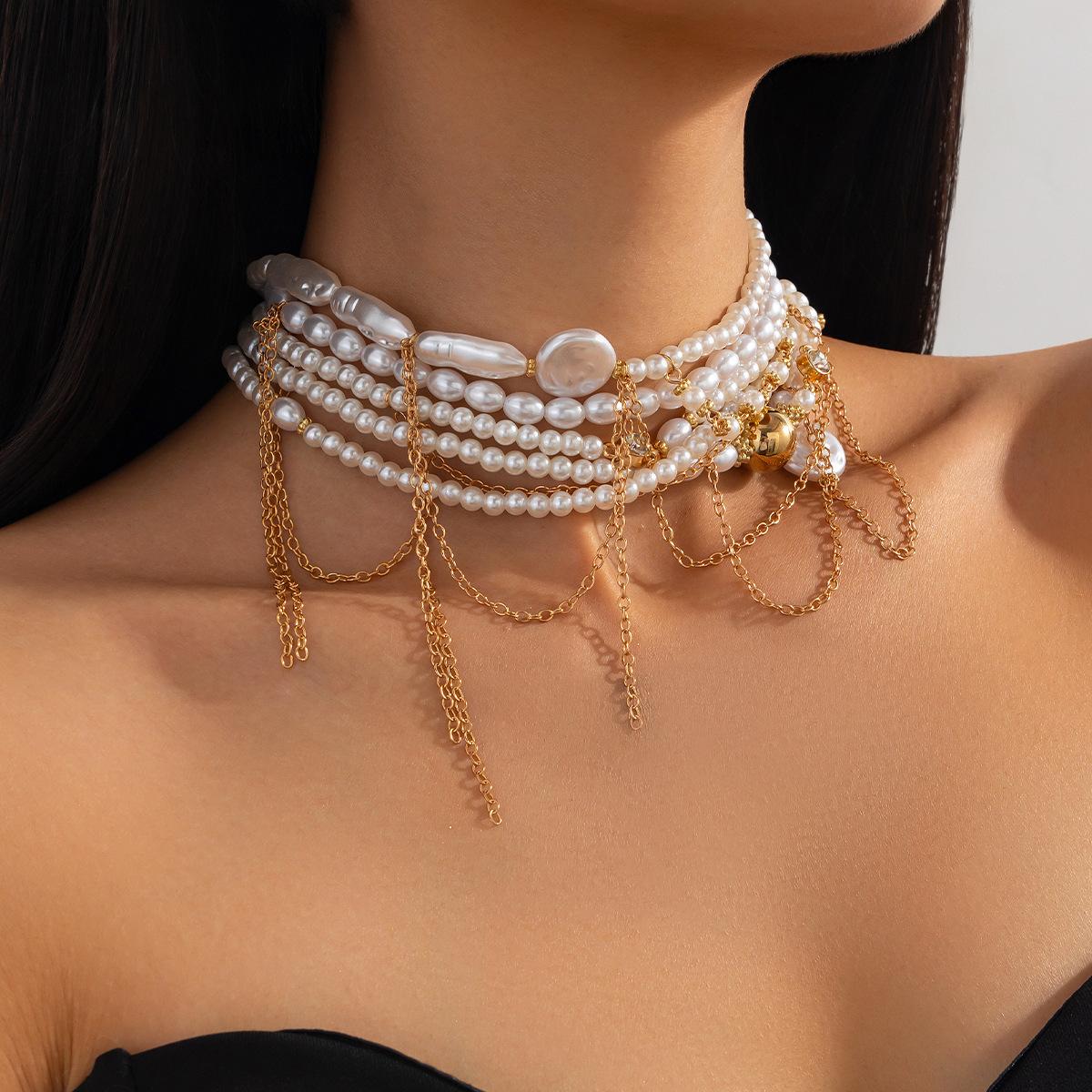 Irregular Imitation Pearl Necklace Retro Style Mulitilayered Choker Tassel Wedding Accessories
