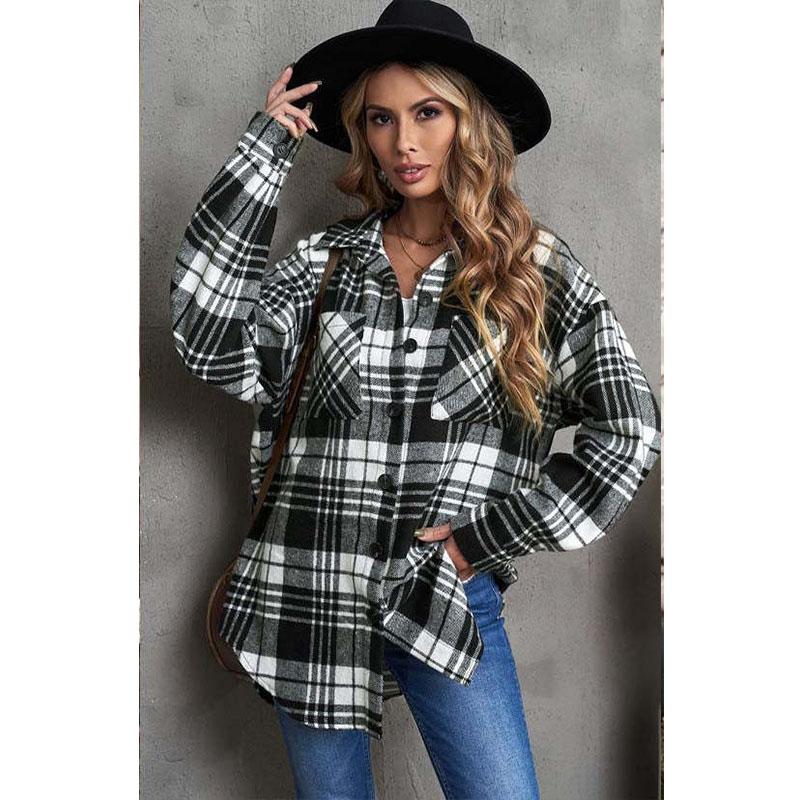 Autumn and Winter Women's Plaid Shirt Jacket Lapel Single-breasted Shirt Commuter Loose Plaid Tweed Jacket