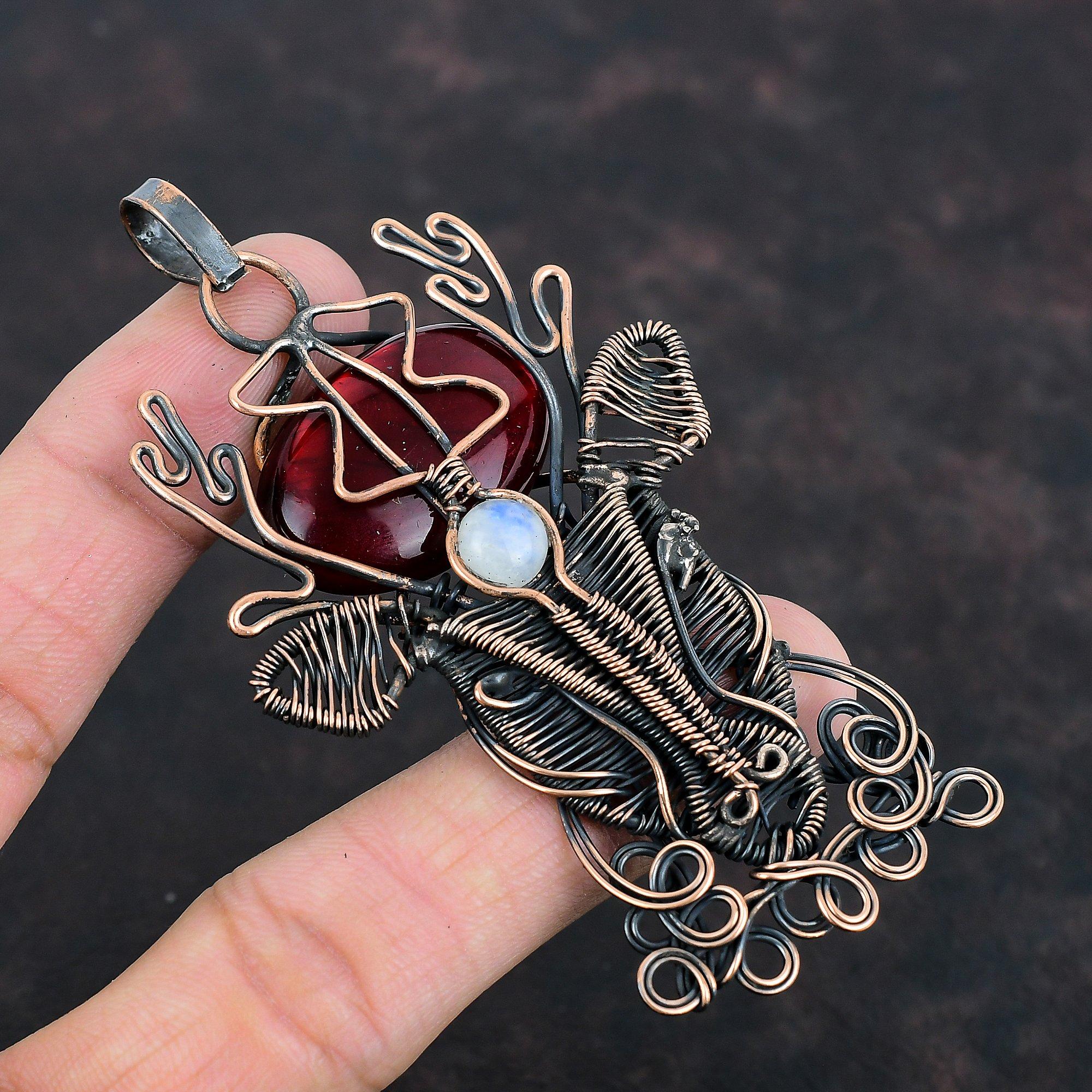Подвеска из красного огненного лабрадорита, подвеска из медной проволоки, подвеска из лунного камня, подвеска в виде оленьей морды, ювелирные изделия ручной работы в стиле бохо, подарки для друга