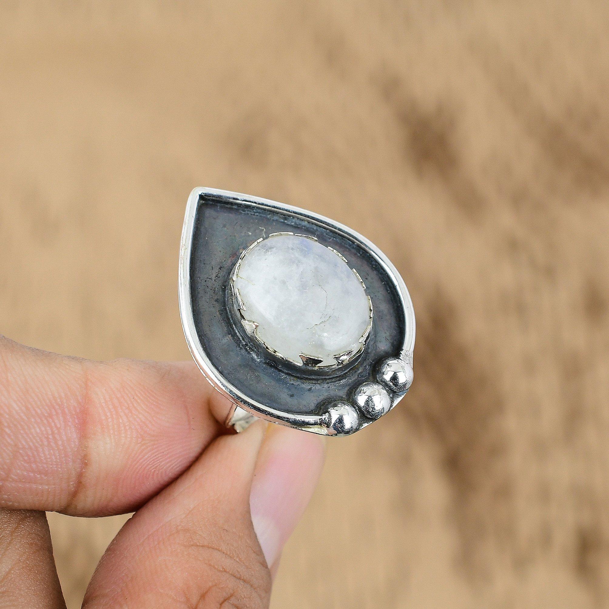 Natural Rainbow Moonstone Gemstone Promise Adjustable Ring 925 Silver For Women