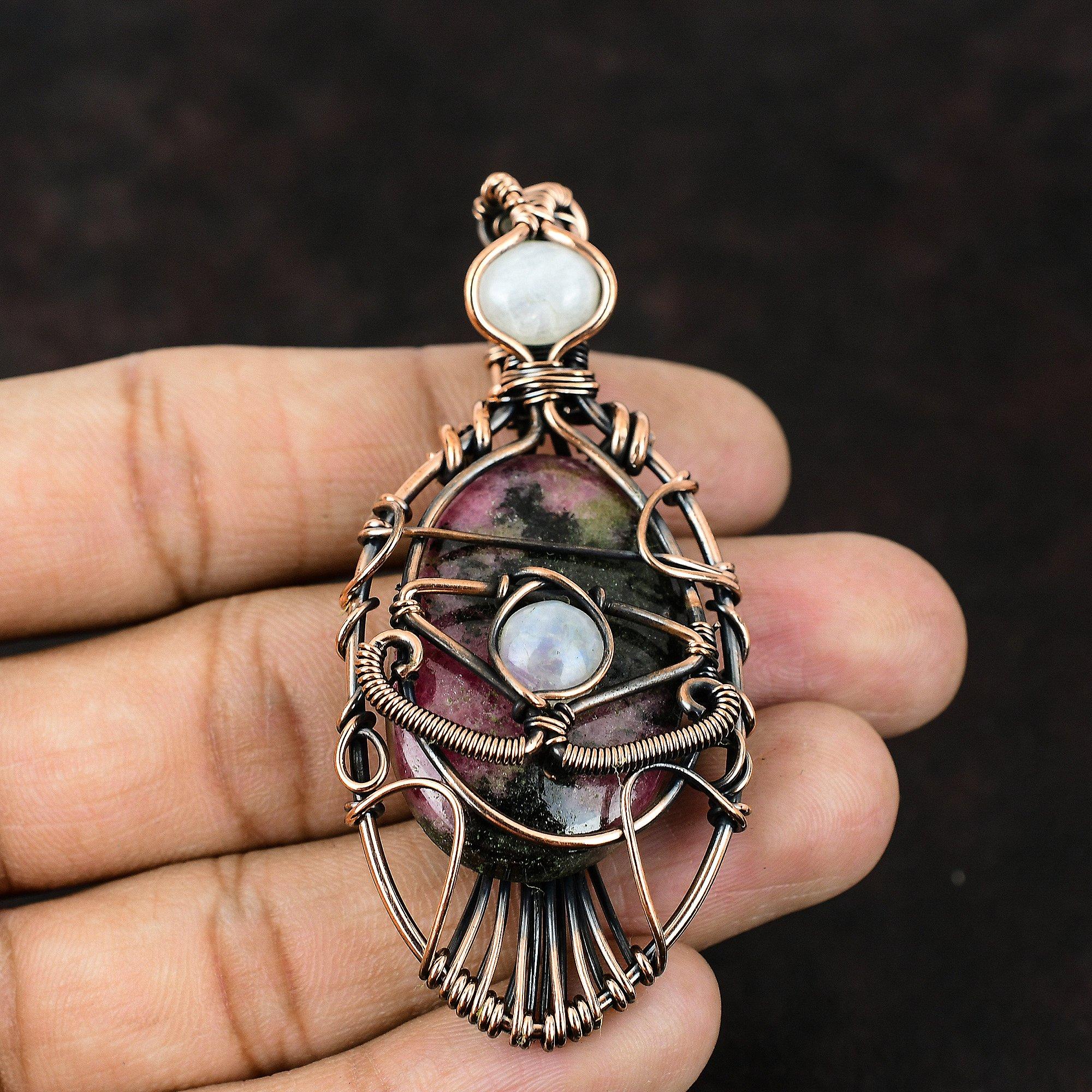 Подвеска из родонита от сглаза, драгоценный камень, обернутый в проволоку, подвеска из лунного камня, медная бижутерия, кулон ручной работы от сглаза, подарок для матери