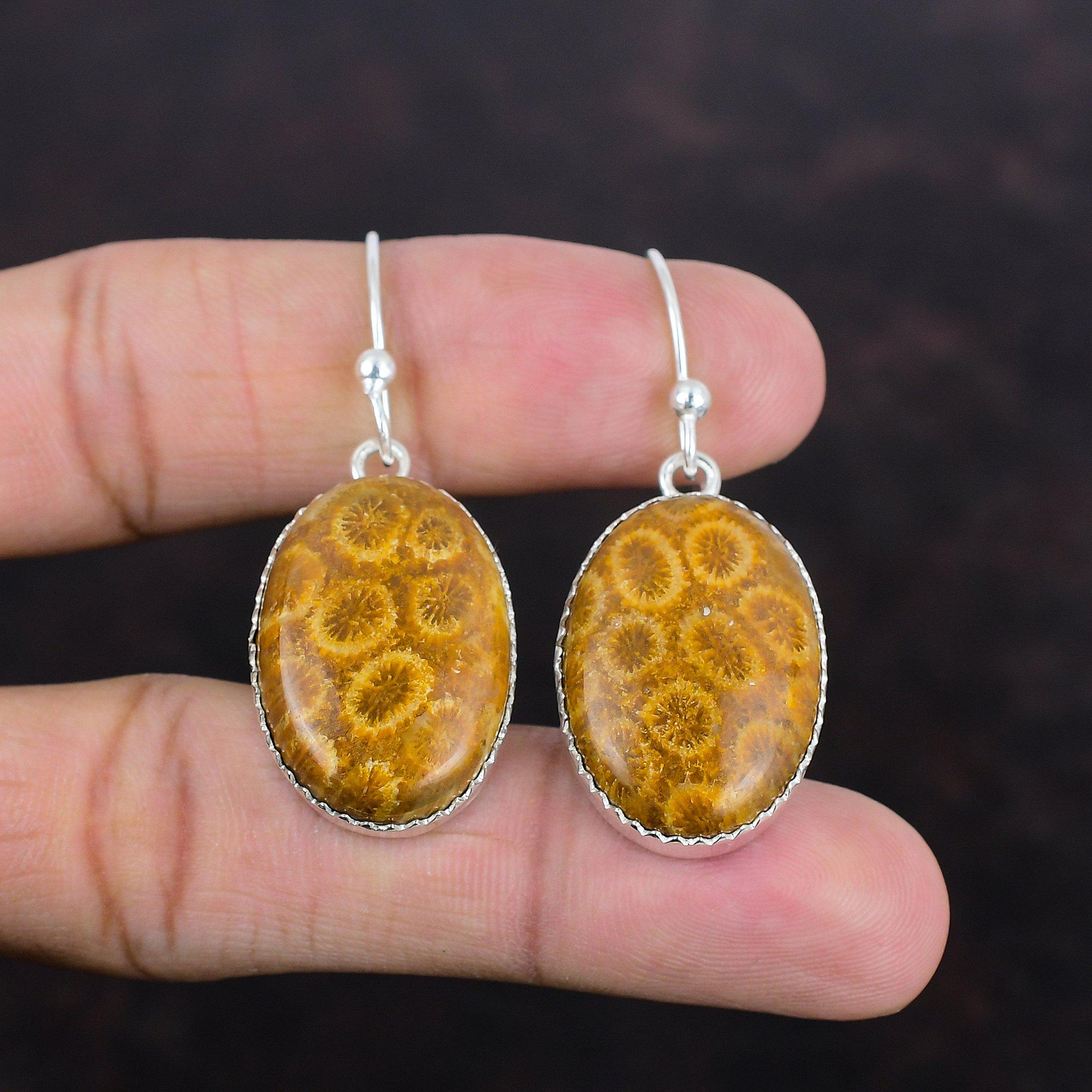 Fossil Coral Earring 925 Sterling Silver Earring Elegant Jewelry Genuine Gemstone Earring Fossil Coral Jewelry Handmade Earring Wedding Gift