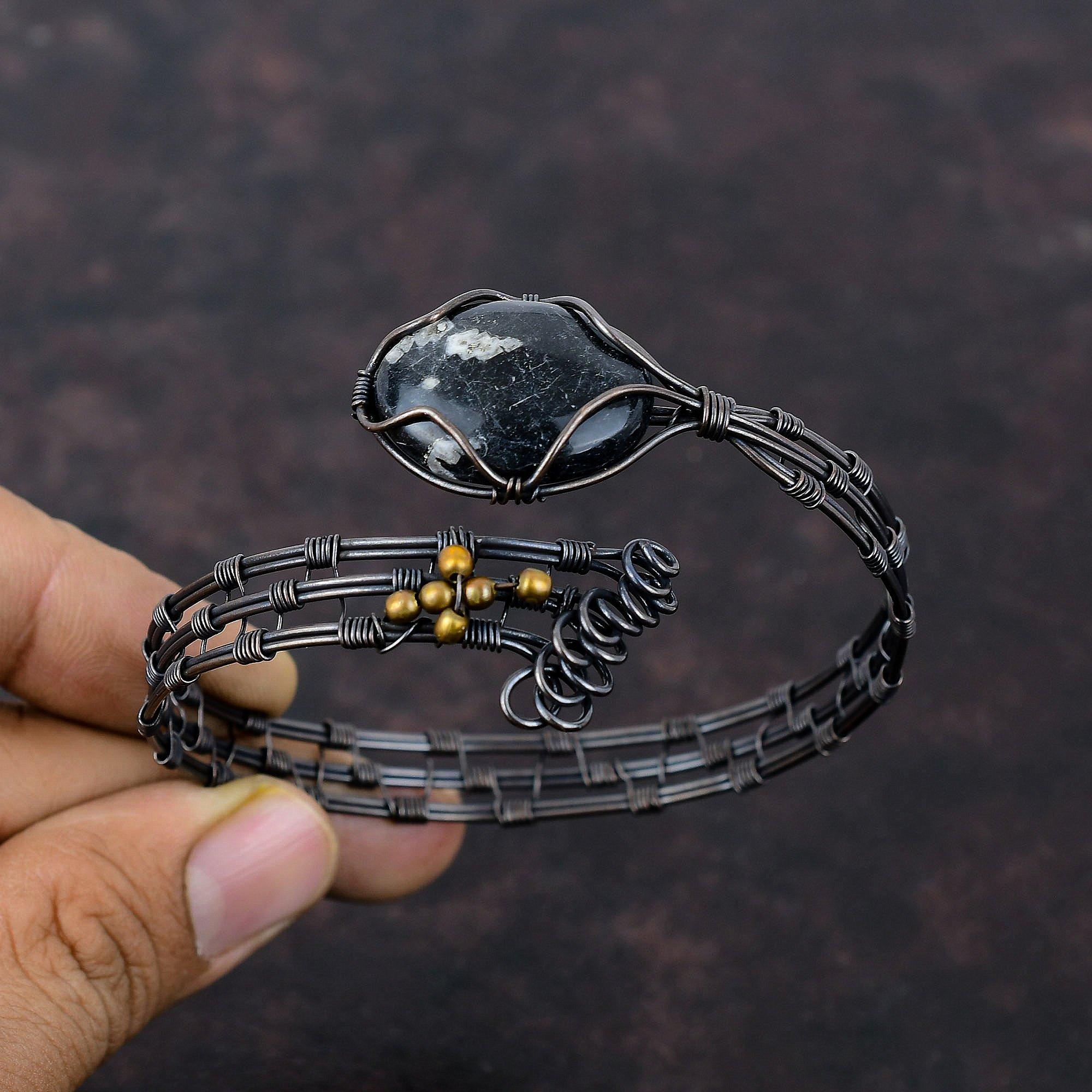 Браслет-хризантема, медная проволочная обертка, регулируемый браслет-манжета, браслет ручной работы с драгоценными камнями, медные украшения, подарок для него, проволочная обертка, ювелирные изделия