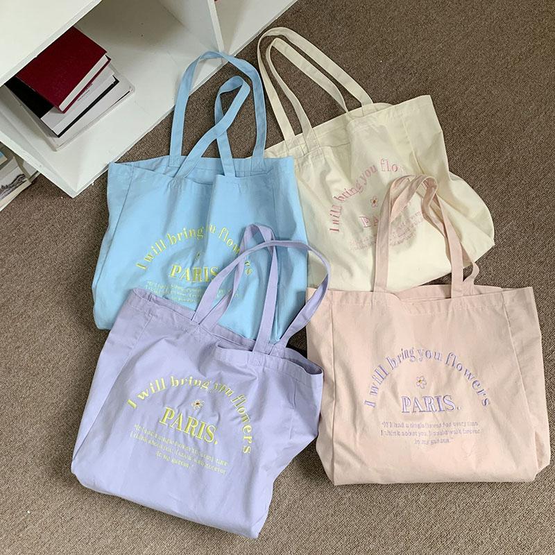 Women Letter Embroidery Shoulder Canvas Large Capacity Student Tote Bag