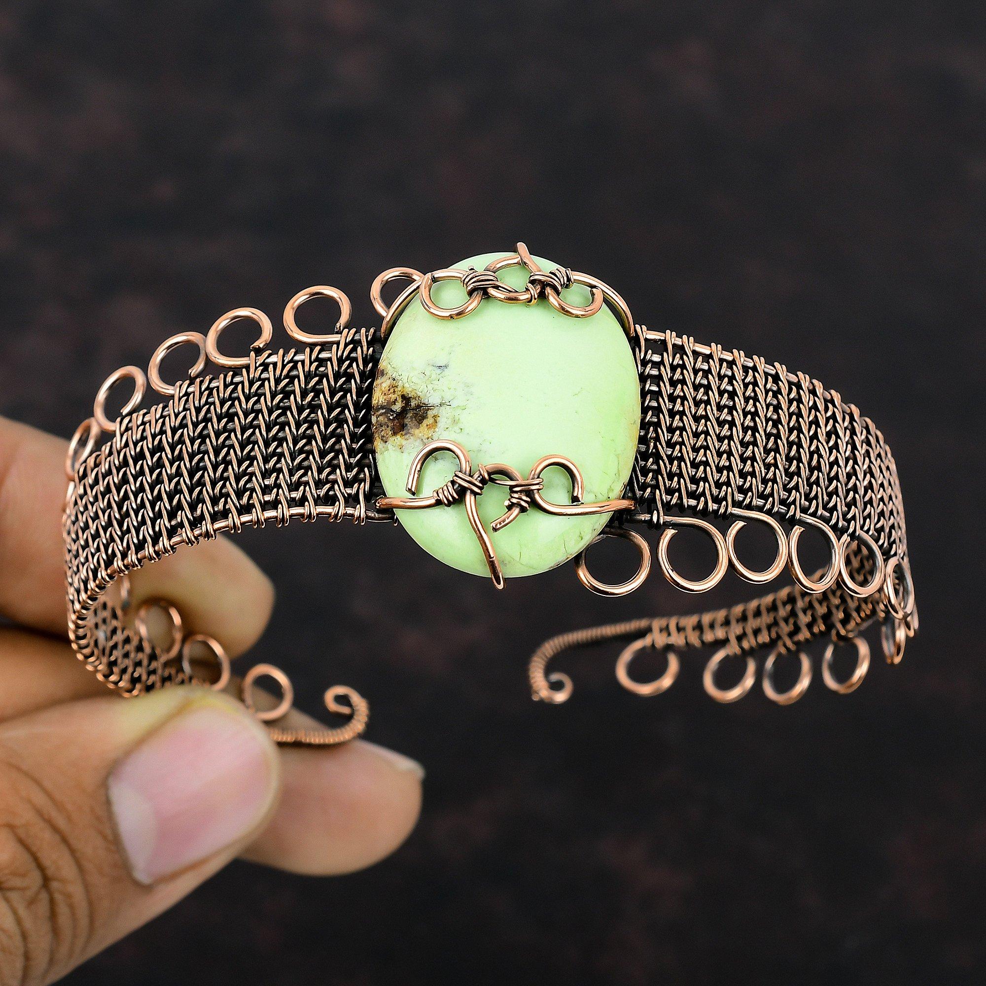 Браслет-манжета с лимонным хризопразом, браслет из медной проволоки, регулируемая манжета, браслет ручной работы с драгоценными камнями, медная проволока, ювелирный подарок для нее